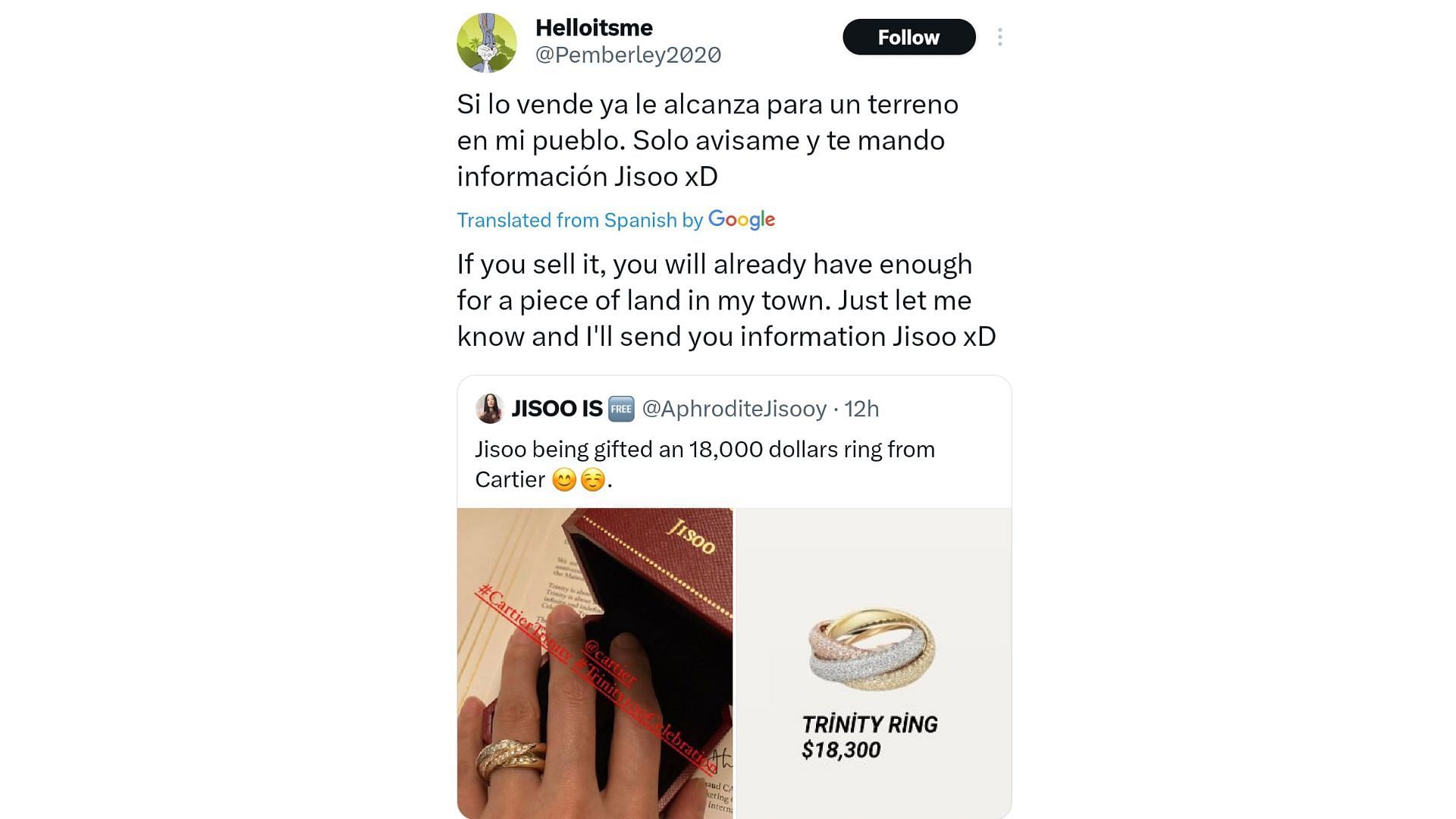 Fans react as BLACKPINK&#039;s Jisoo receives $18K worth of Trinity ring from Cartier (Image Via X/@Pemberley2020)