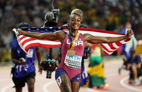 Sha'Carri Richardson of Team United States celebrates winning the Women's 100m Final during the World Athletics Championships 2023 at the National Athletics Centre in Budapest, Hungary.