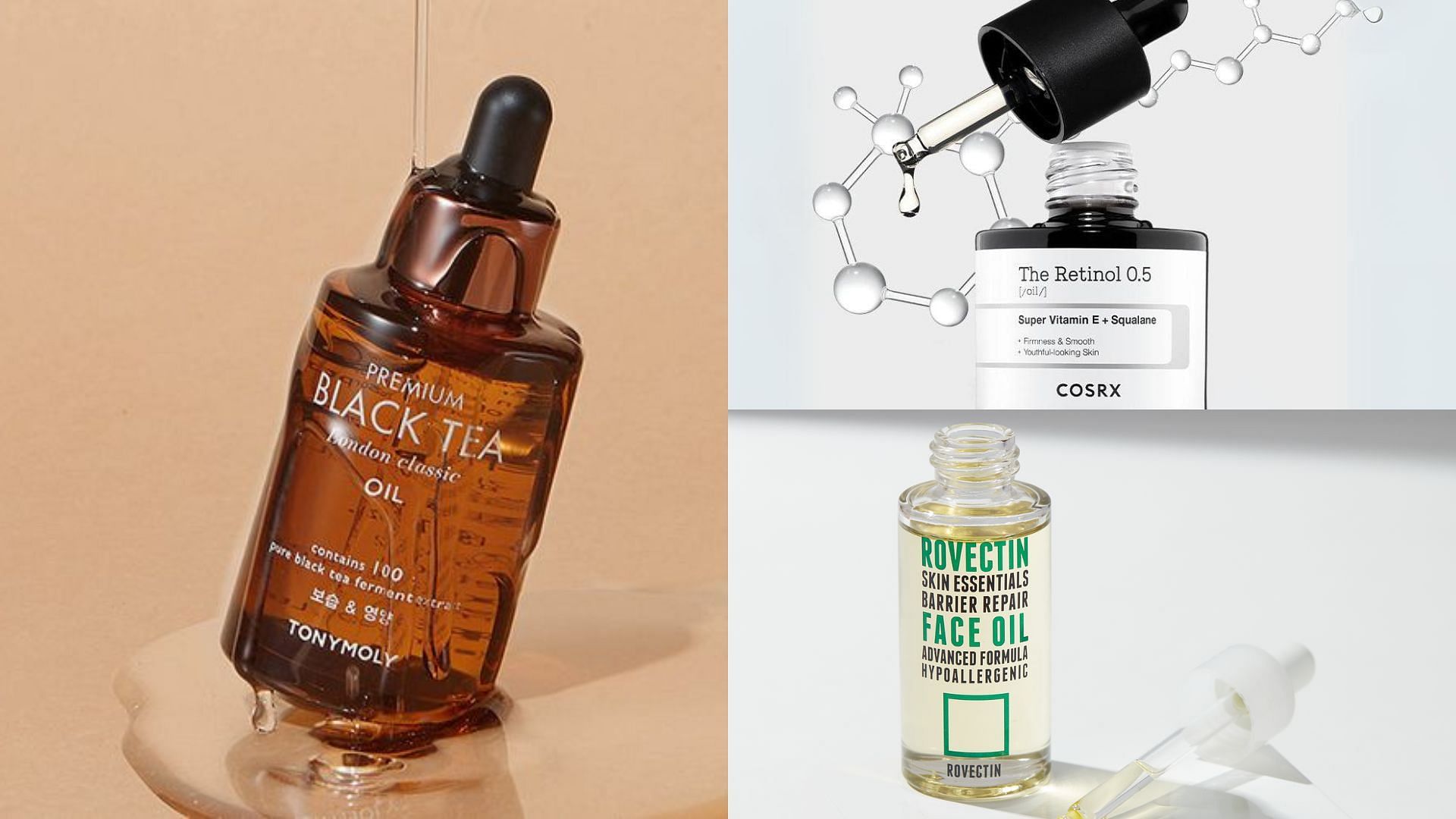 Best Korean face oils (Image vis COSRX, Rovectin, TonyMoly)