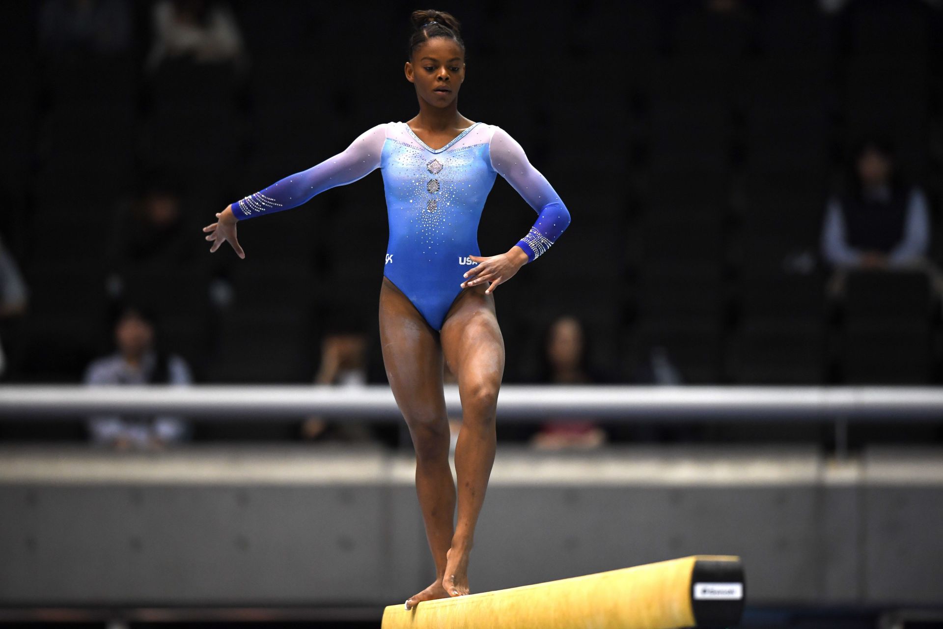 Trinity Thomas of competes on the balance beam during the FIG Individual All-Around World Cup in Tokyo, Japan.