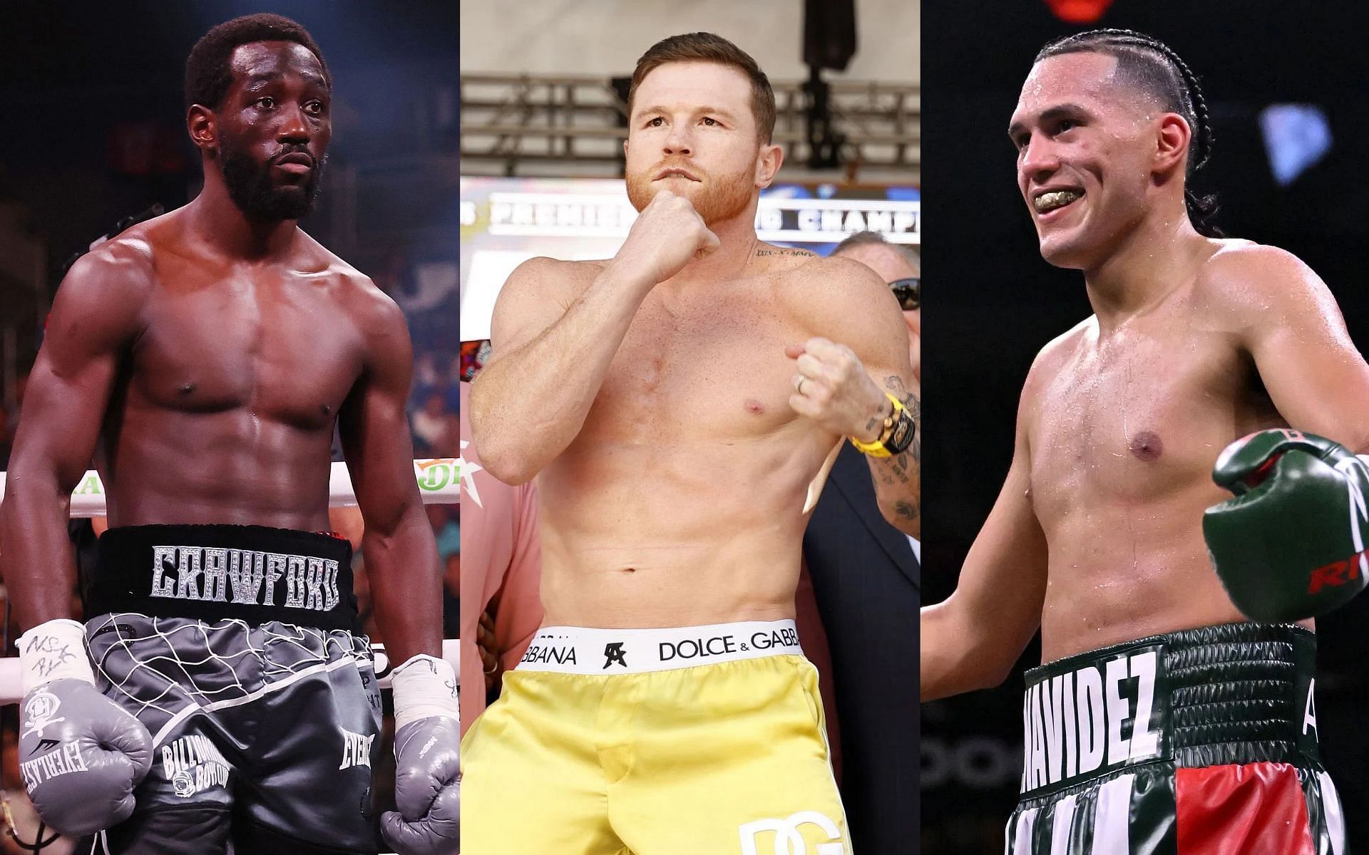 Canelo Alvarez (middle) could face either Terence Crawford (left) or David Benavidez (right) next, according to Michael Benson [Images Courtesy: @GettyImages]