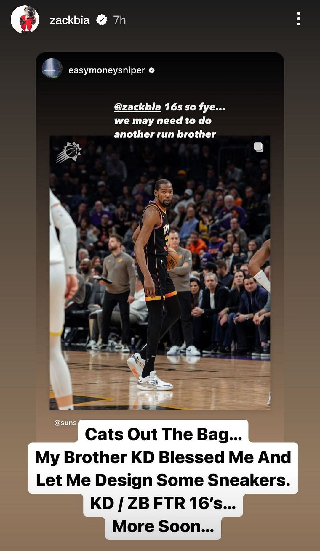 Zack Bia&#039;s reshare of Kevin Durant&#039;s Instagram story