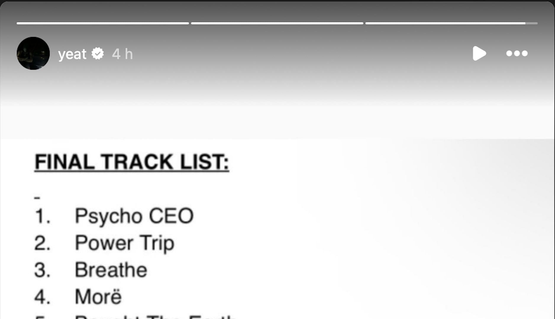 &quot;The Final Tracklist&quot; posted by Yeat to his Instagram story on February 15, 2024 (Image via Instagram)