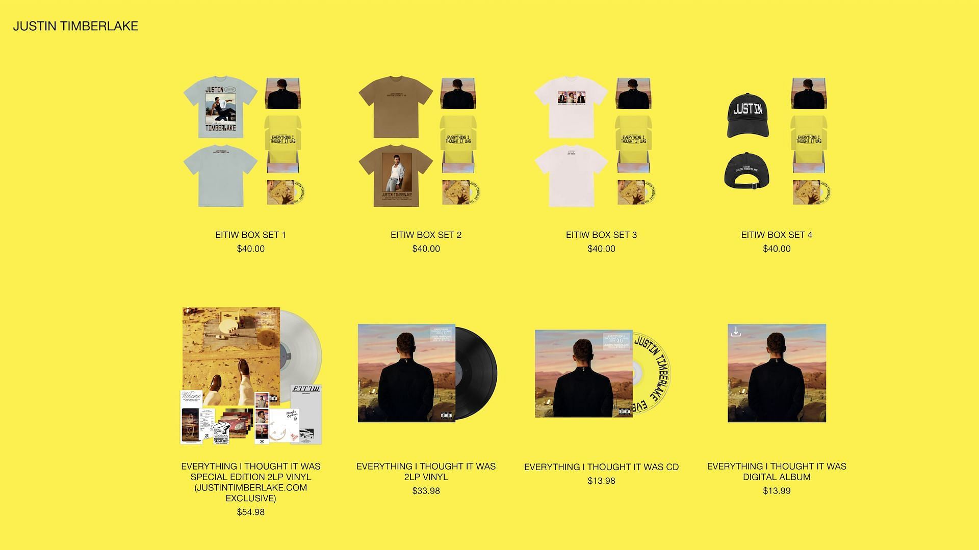 &#039;Everything I Thought It Was&#039; album merch and box sets available on Justin Timberlake&#039;s official website (Image via shop.justintimberlake.com)
