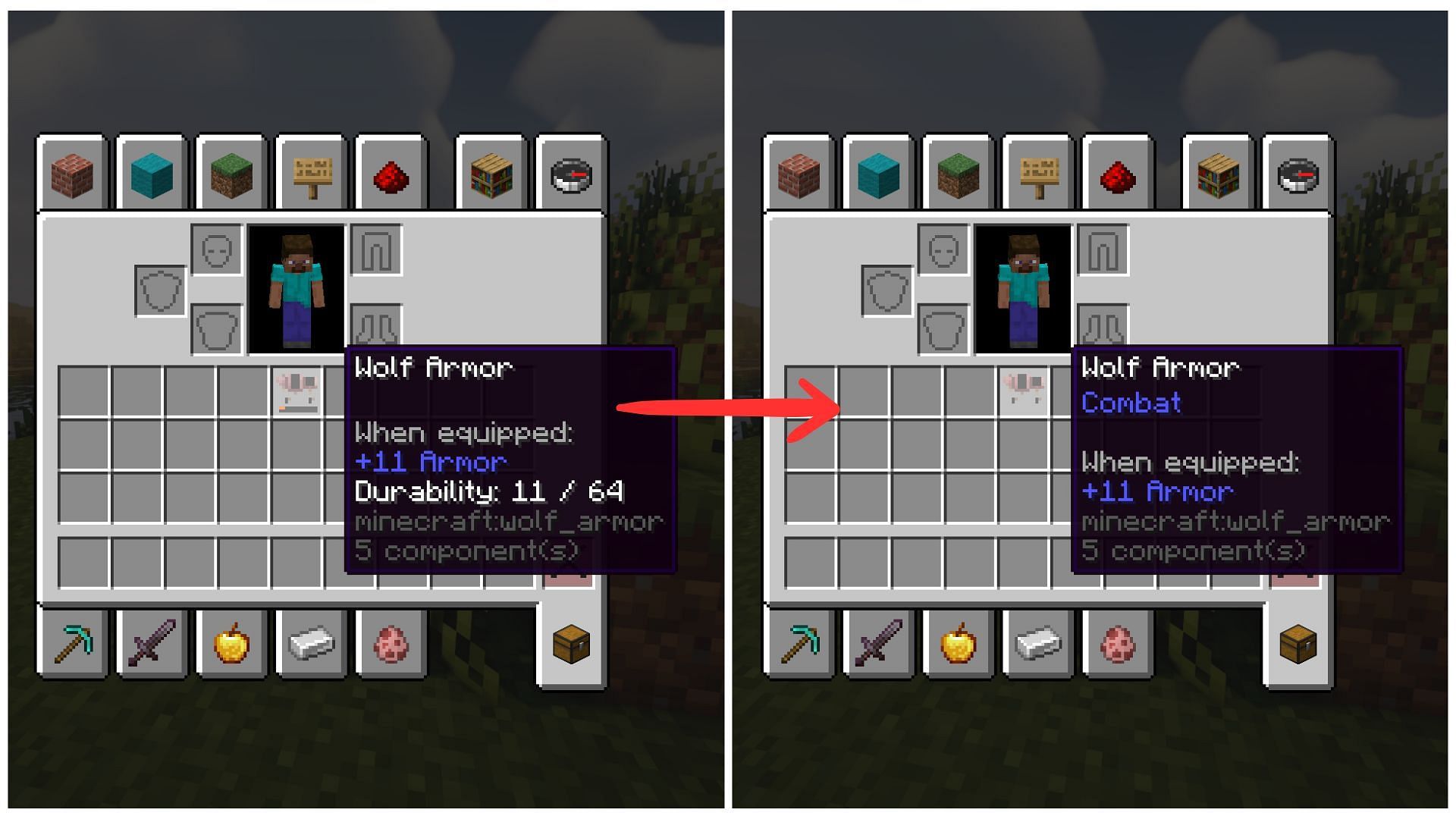 Wolf armor before vs after repair (Image via Mojang Studios)