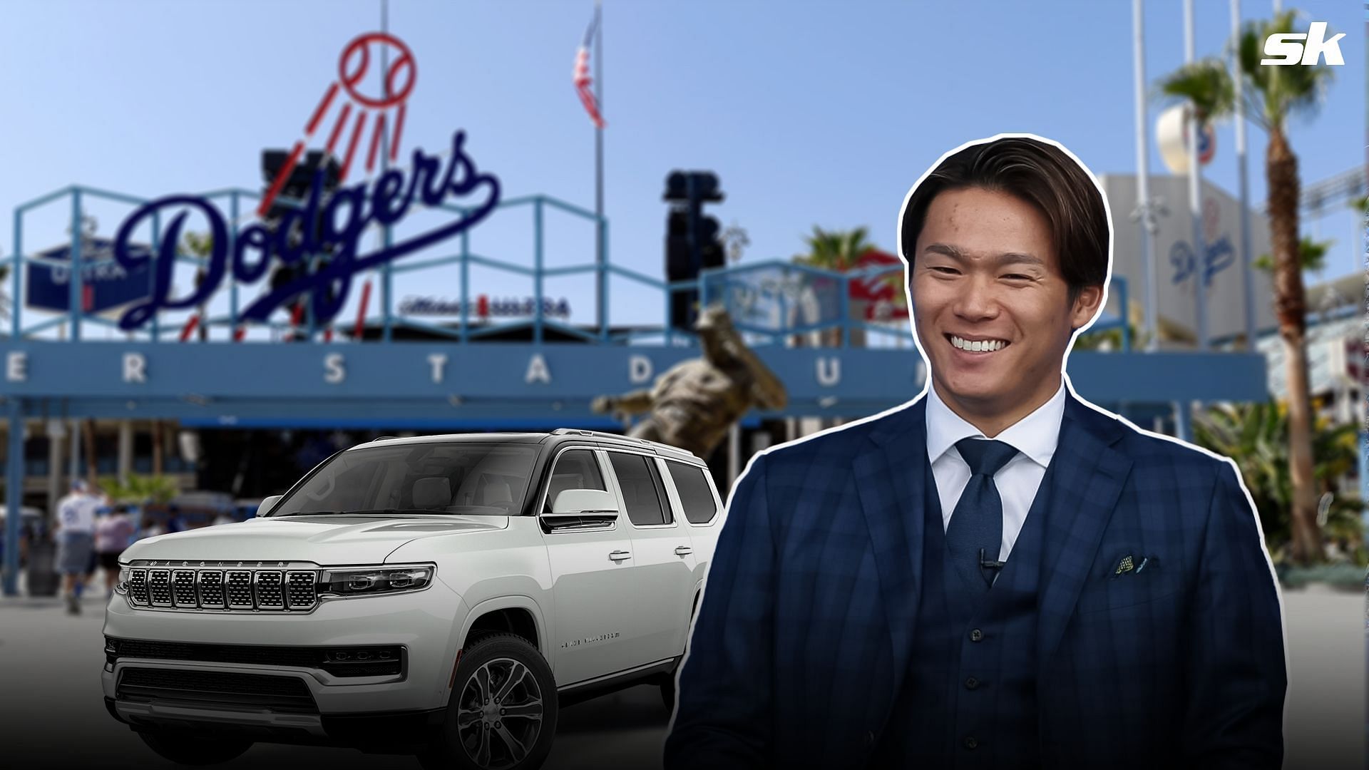 Yoshinobu Yamamoto arrives for Spring Training at the Dodgers stadium in a Jeep Grand Wagoneer L