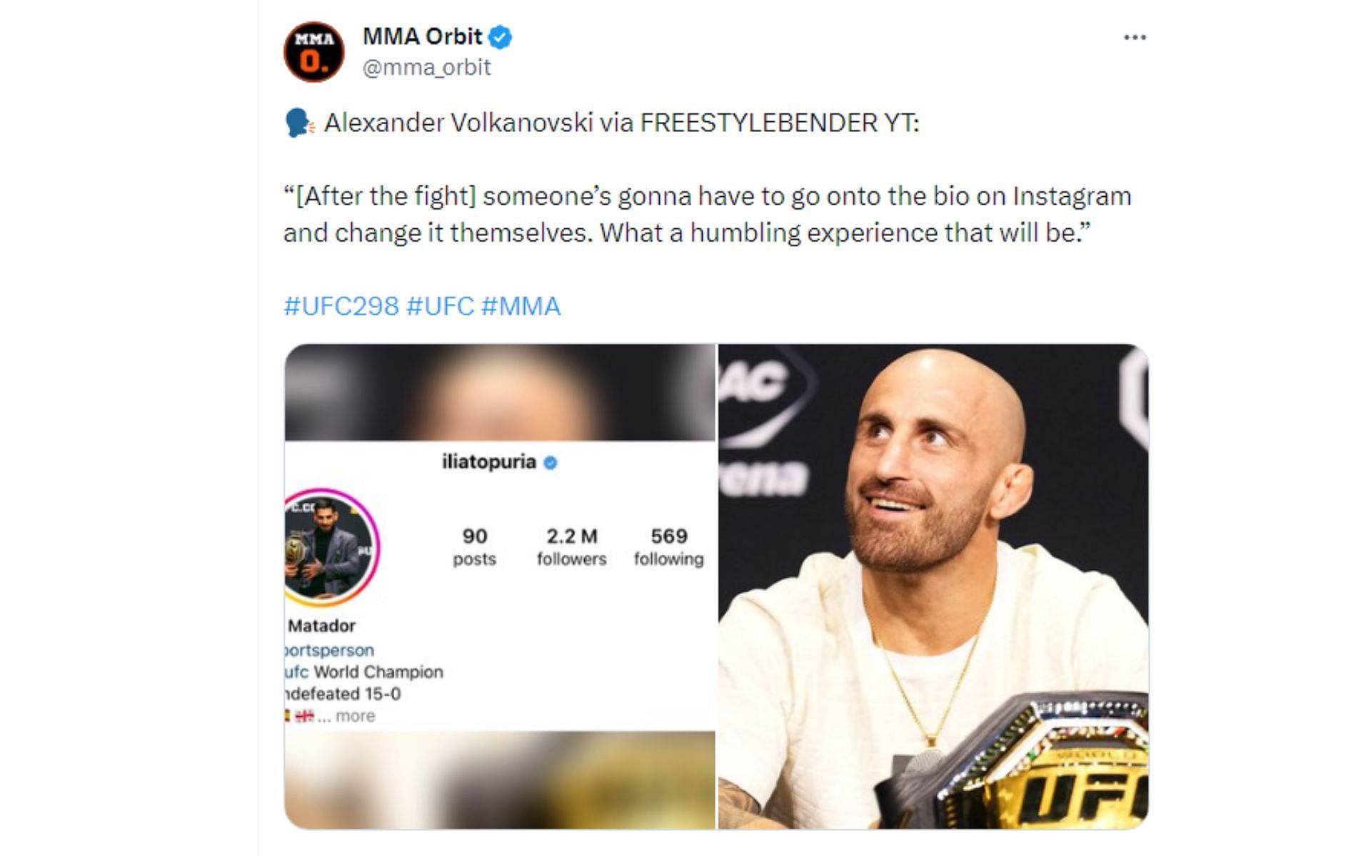 Tweet regarding Alexander Volkanovski&#039;s comments about Topruia&#039;s Instagram bio [Image courtesy: @mma_orbit - X]