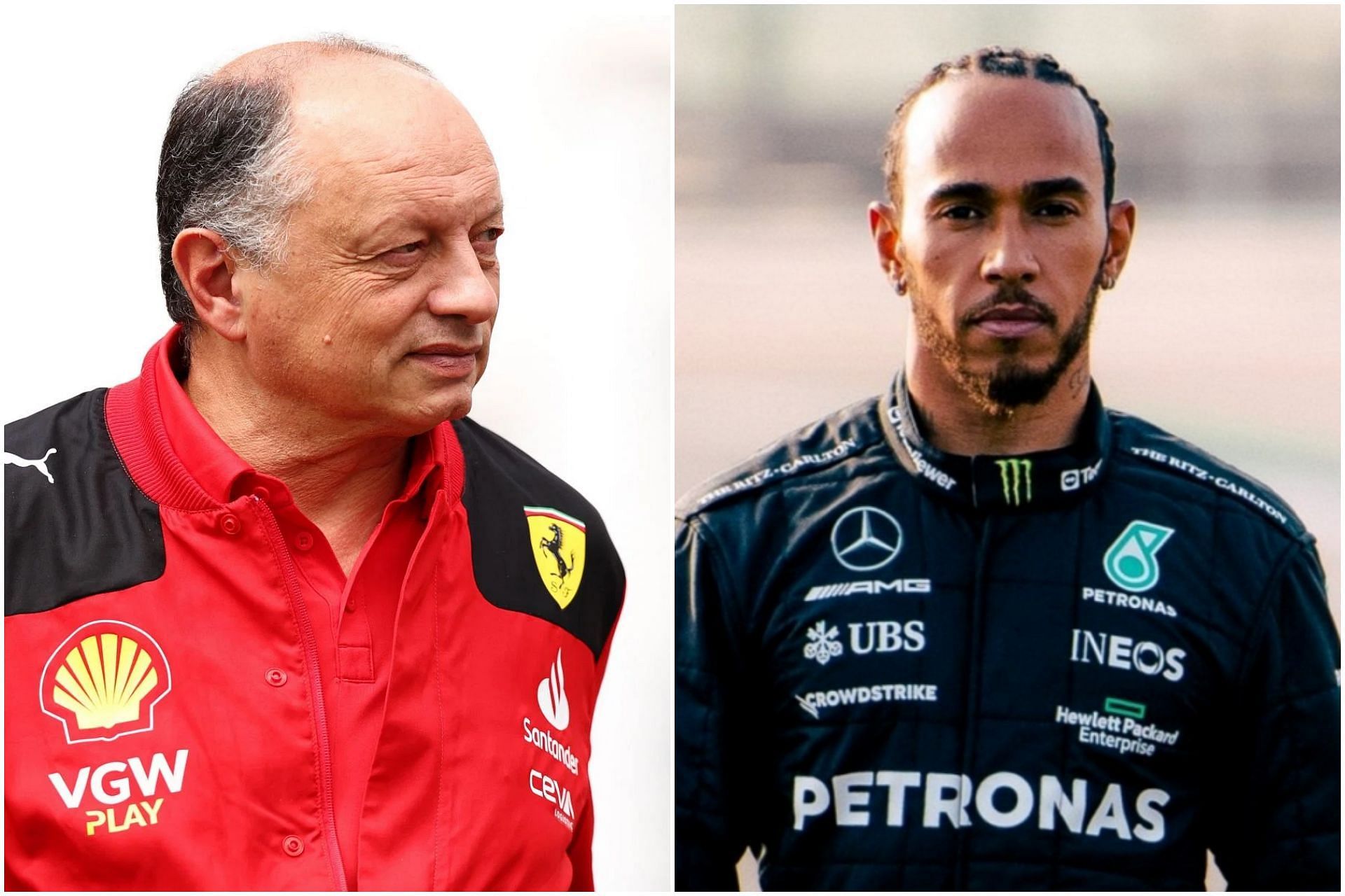 Frederic Vasseur (L) and Lewis Hamilton (R) (Collage via Sportskeeda)