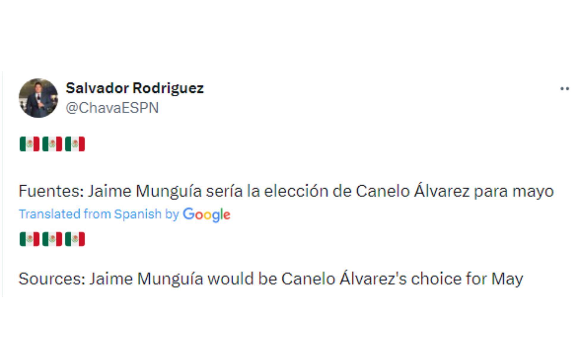 Tweet regarding Alvarez&#039;s next bout [Image courtesy: @ChavaESPN - X]
