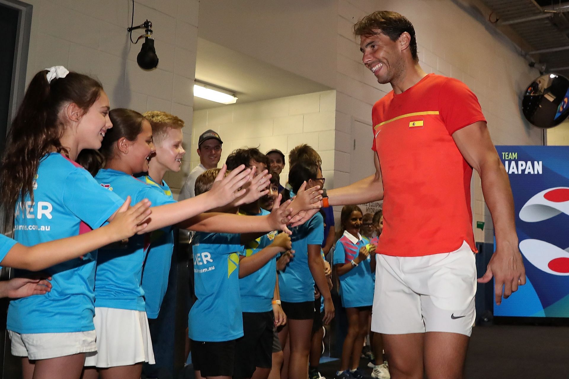 Rafael Nadal greets kids at the 2020 ATP Cup