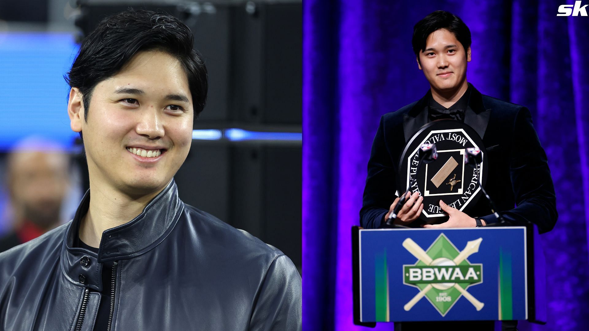 MLB player Shohei Ohtani of Japan speaks to the crowd after receiving the American League Most Valuable Player award during the 2024 BBWAA Awards Dinner at New York
