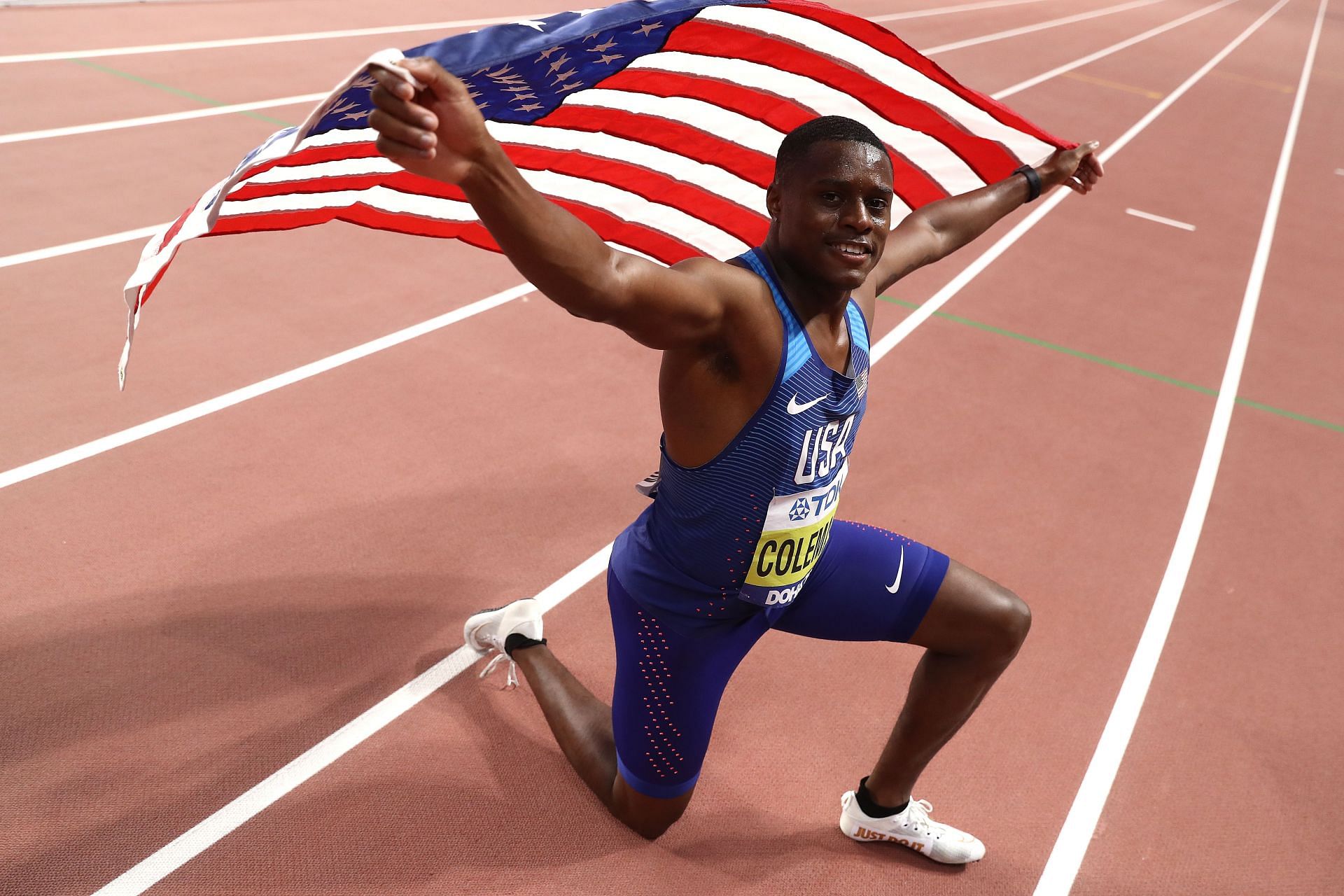 Christian Coleman celebrates winning gold in the Men&#039;s 100 Metres final at the 17th IAAF World Athletics Championships Doha 2019. (Photo by Alexander Hassenstein/Getty Images for IAAF)