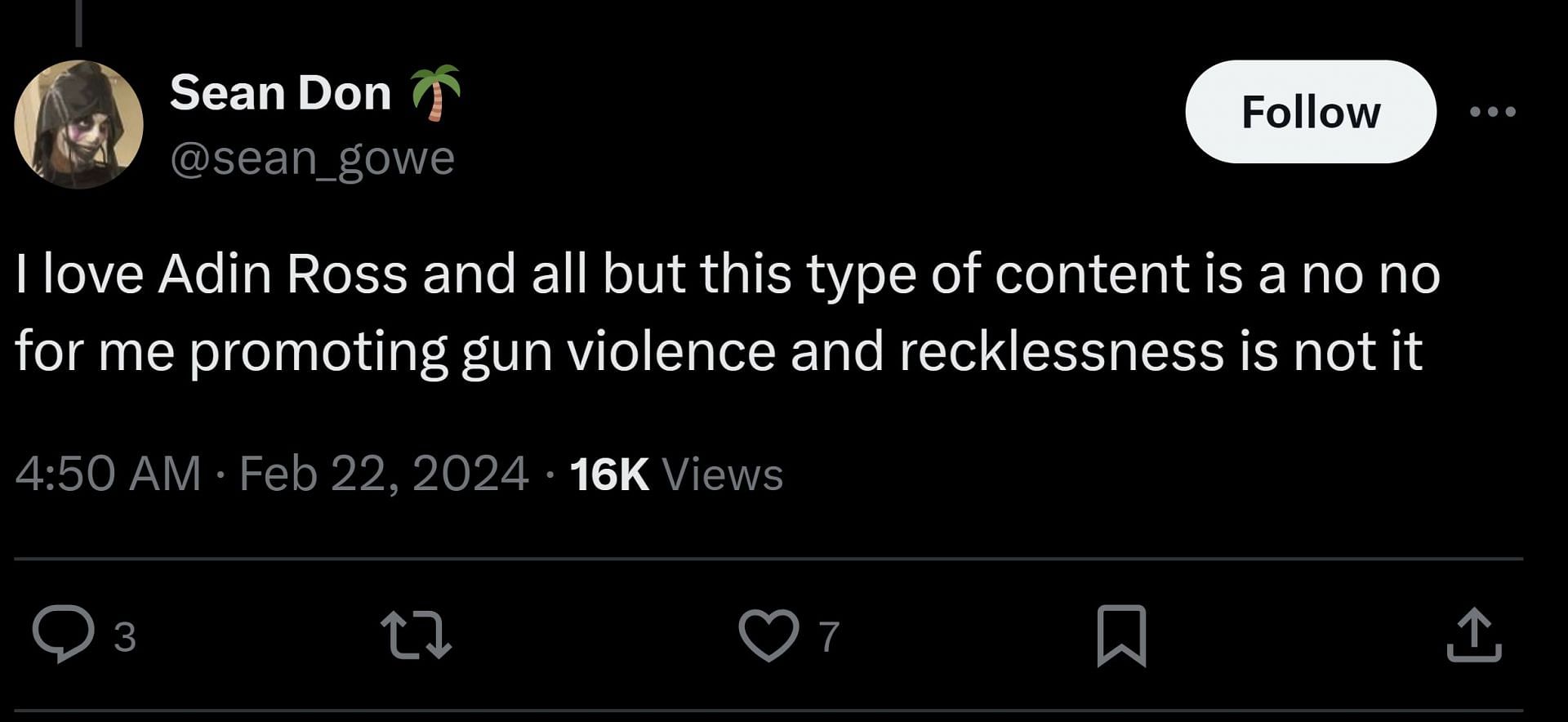 X user @@sean_gowe believed Kick streamer&#039;s content was promoting gun violence (Image via @FearedBuck/X)