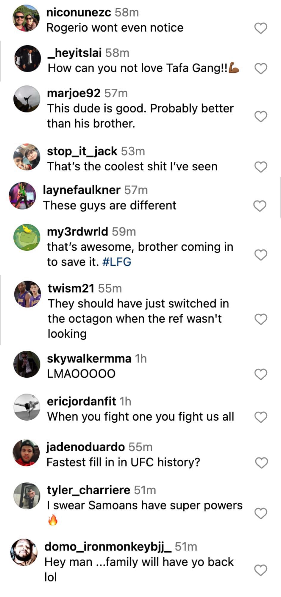 Fan reactions to Junior Tafa replacing his brother Justin Tafa at UFC 298 [via @mmajunkie on Instagram]