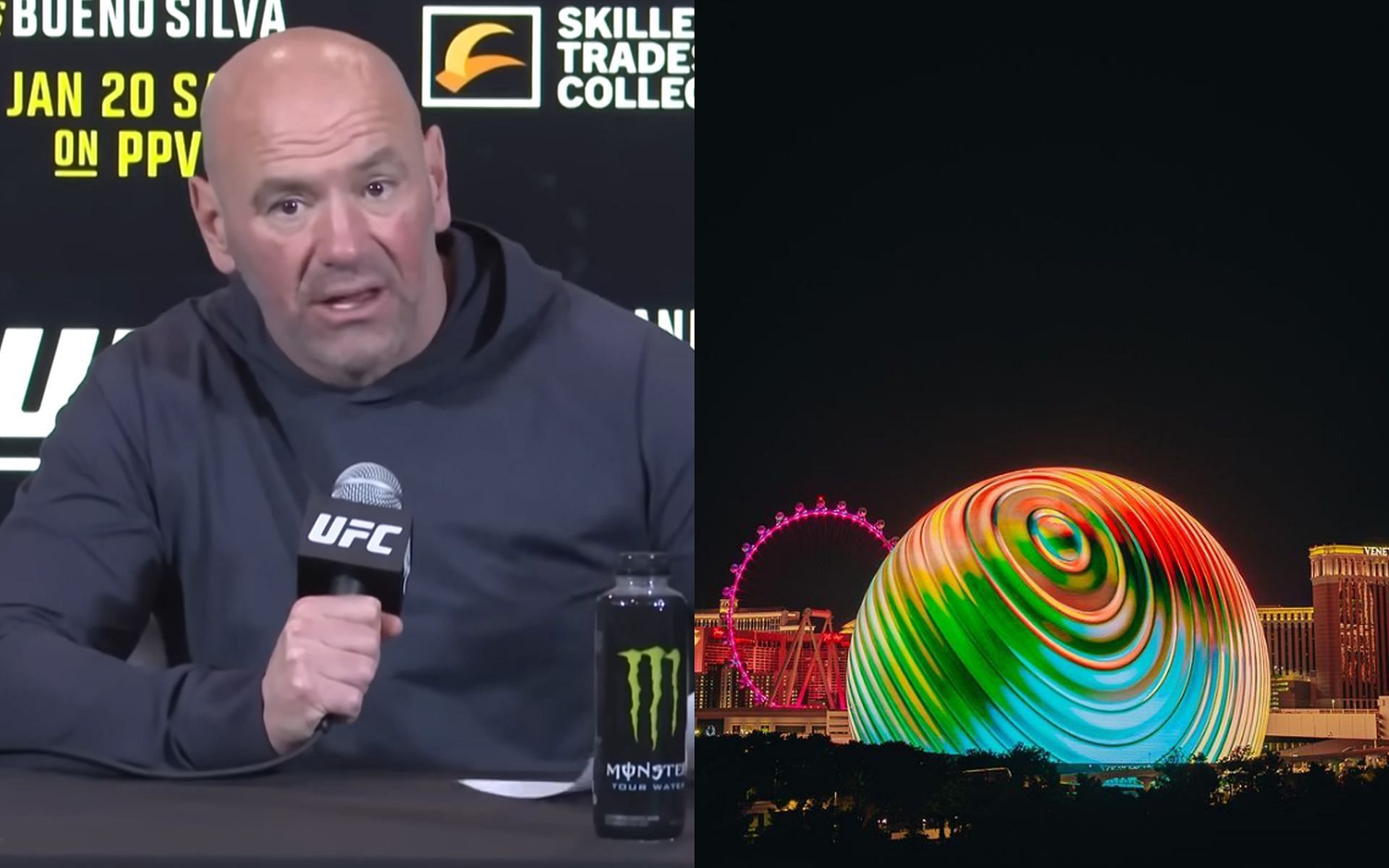 Dana White (left) is intent on delivering a great show at the Sphere (right) [Images Courtesy: @spherevegas Instagram and UFC YouTube]