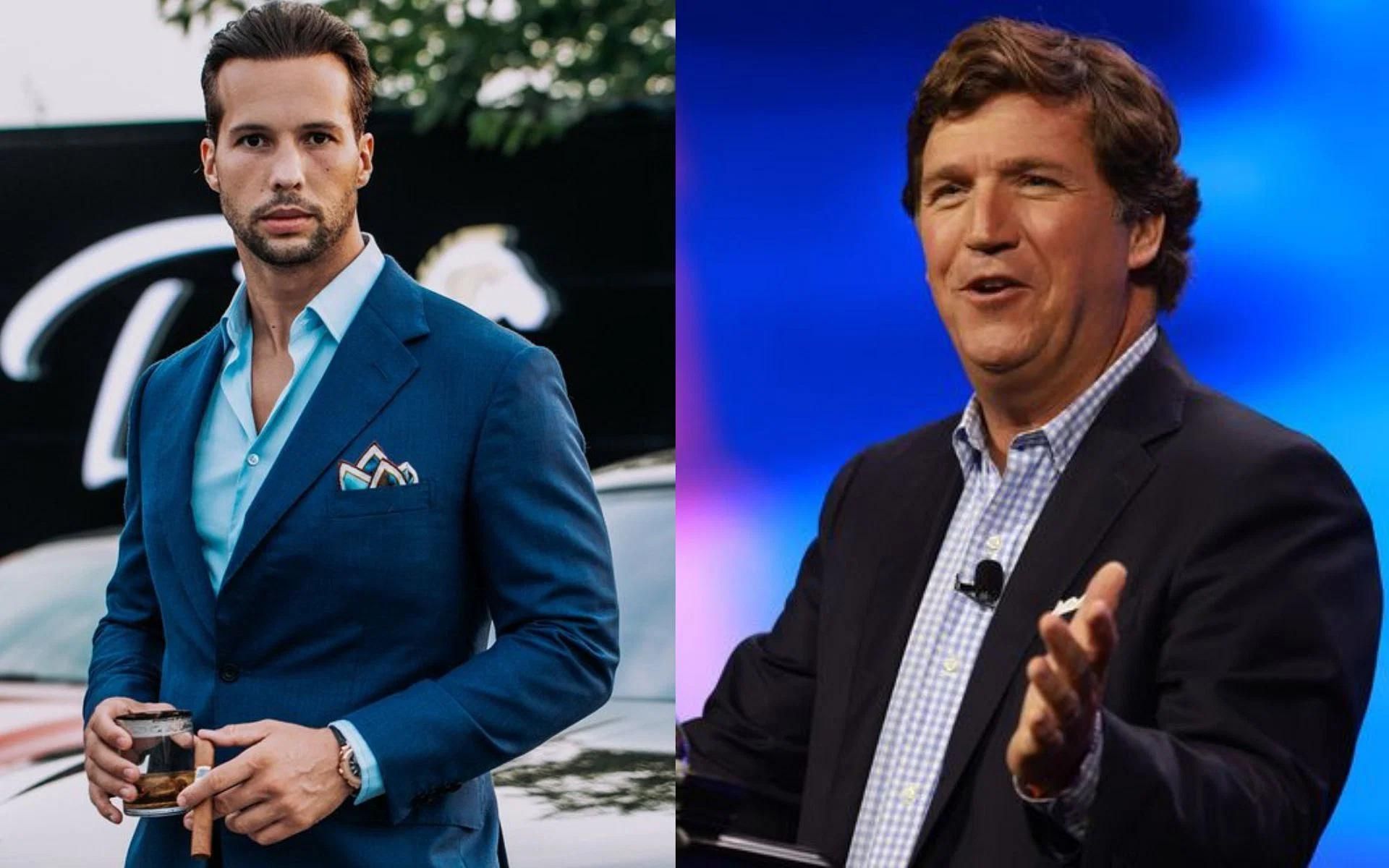 Tristan Tate (left) sends out a message to Tucker Carlson (right) [Image credits: Getty and @TatetheTalisman on Twitter]