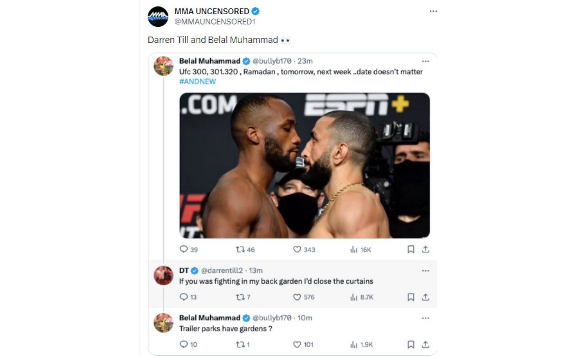Tweets regarding Muhammad and Till&#039;s X exchange [Image courtesy: @MMAUNCENSORED1 and @bullyb170 - X]