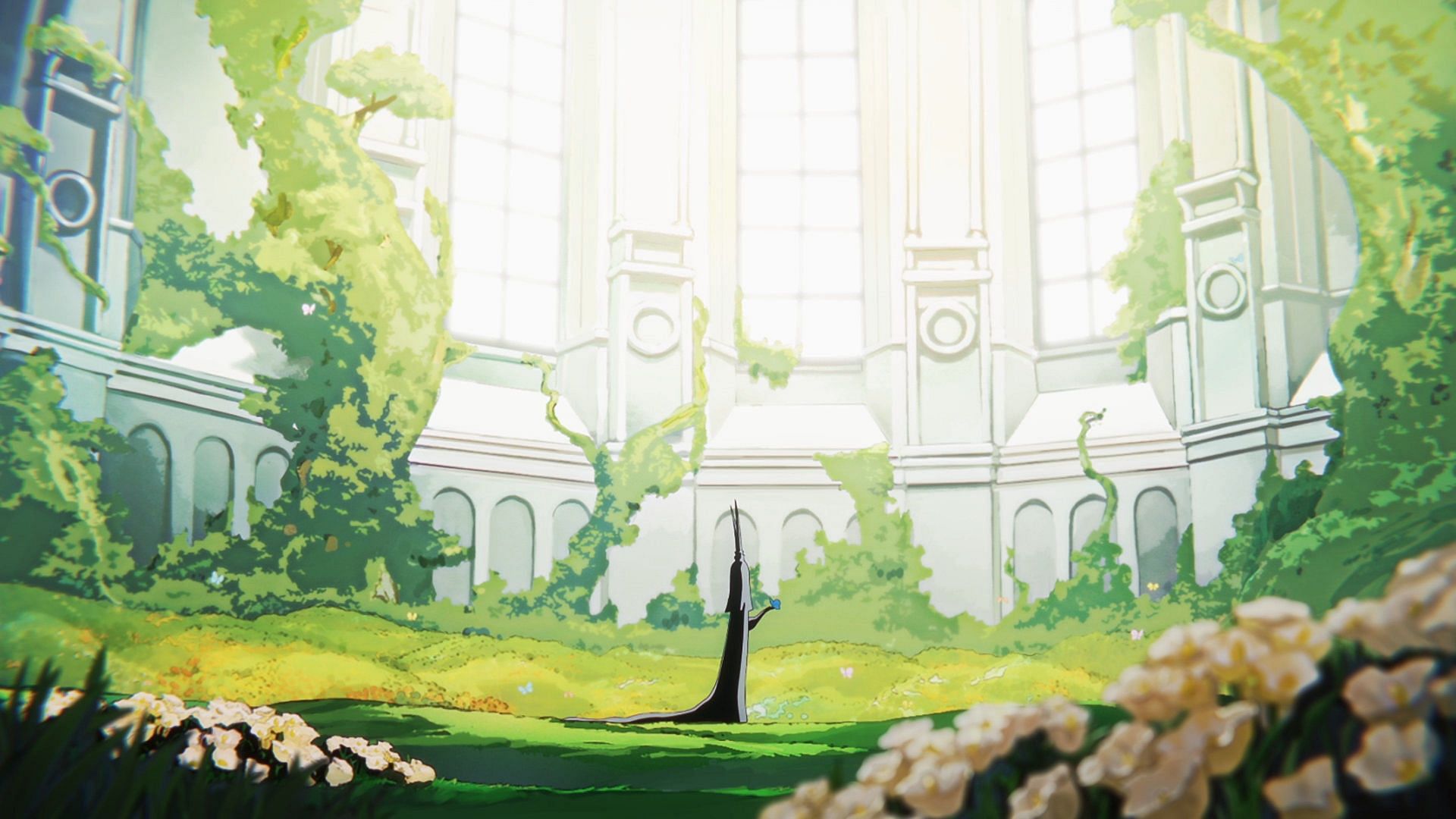 Imu inside a flower garden, as seen in the anime (Image via Toei Animation)