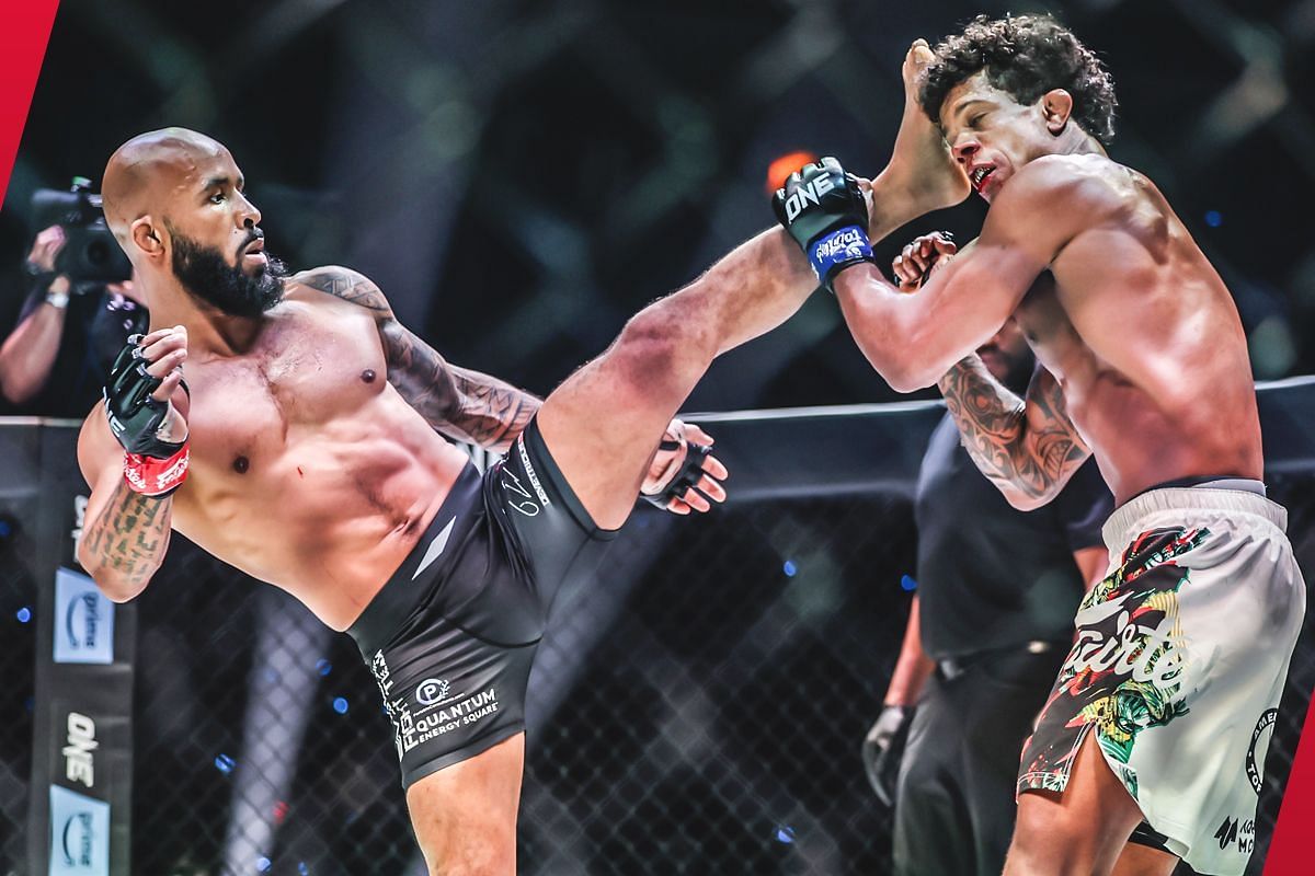 Demetrious Johnson lands a big kick against Adriano Moraes [Photo via: ONE Championship]