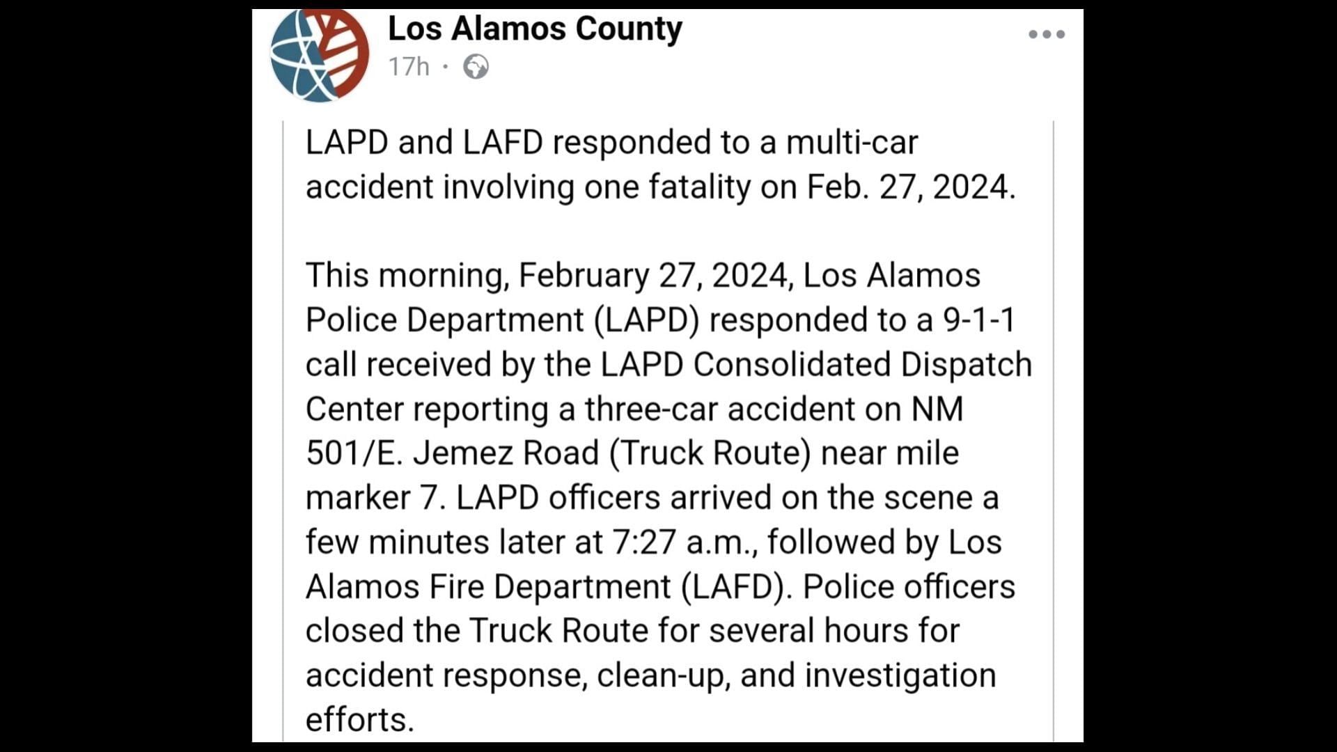 The LAPD crash team is looking into the case (Image via Los Alamos County/Facebook)