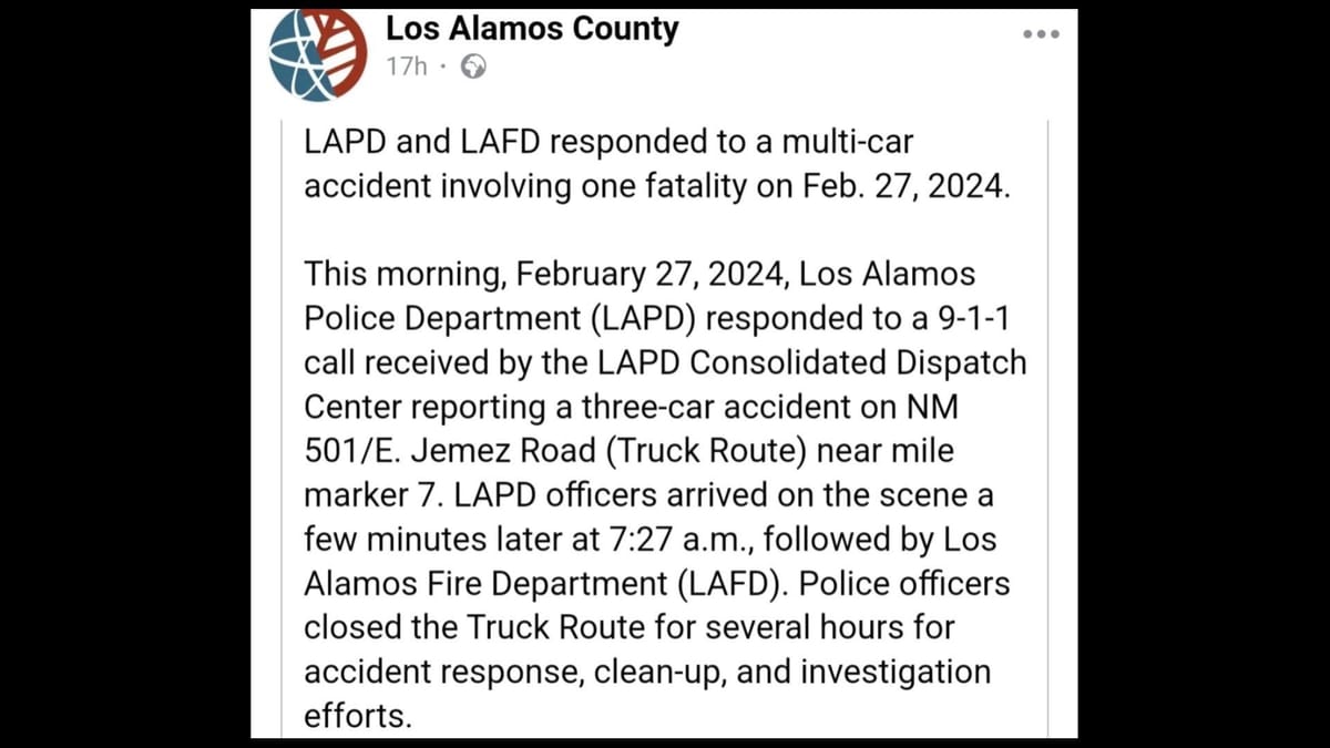 Los Alamos accident Multivehicle car crash leaves one dead and two