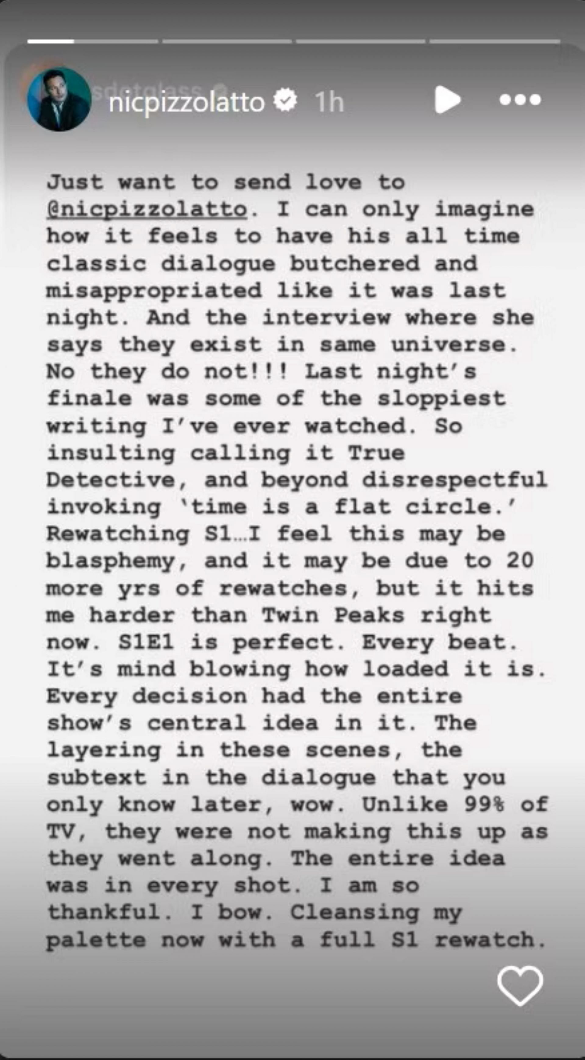 A story from Nic Pizzolatto (Image via Nicpizzolatto/Instagram)