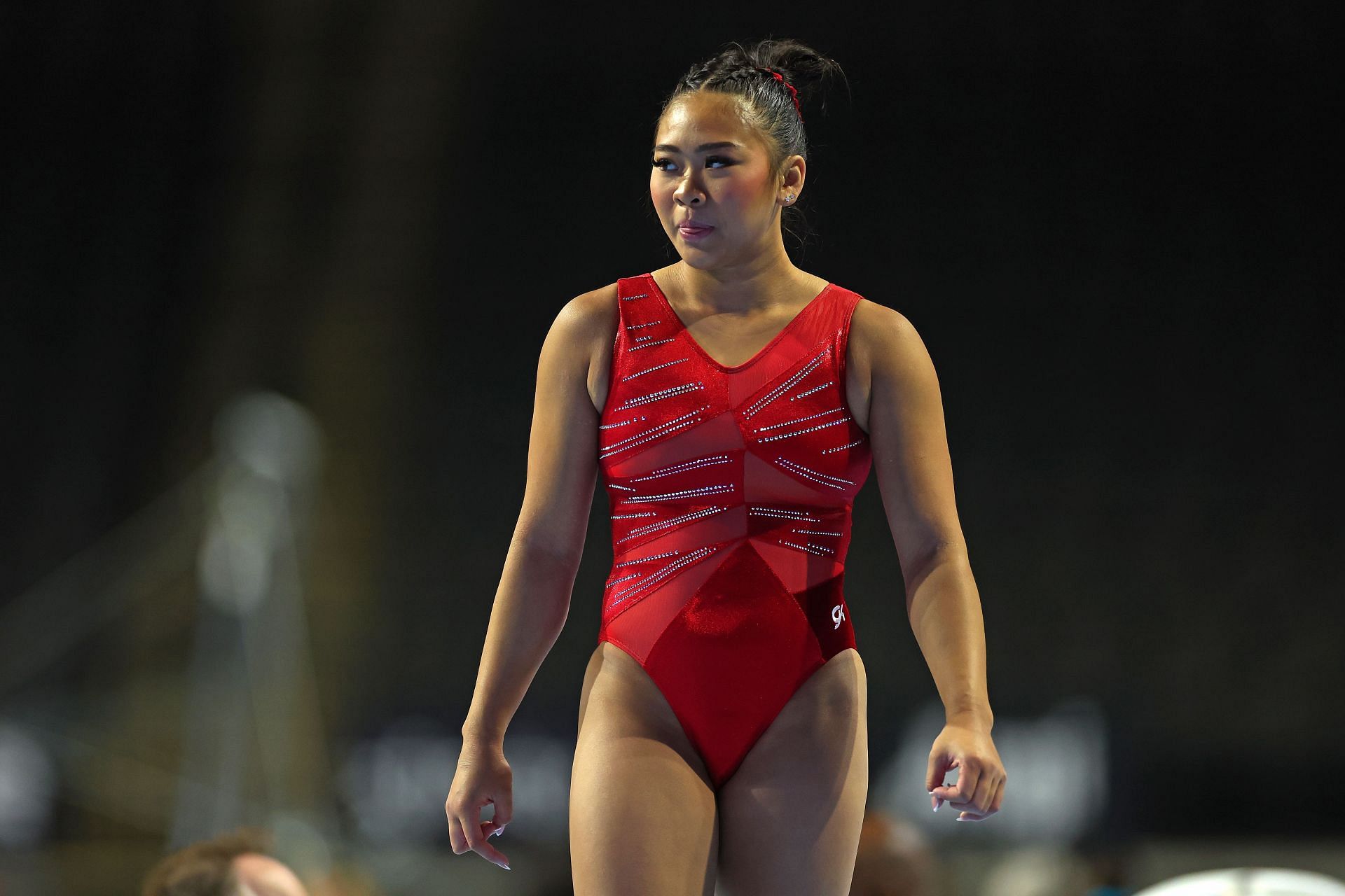 Sunisa Lee participates in a training session before the Core Hydration Classic at Now Arena in Hoffman Estates, Illinois.