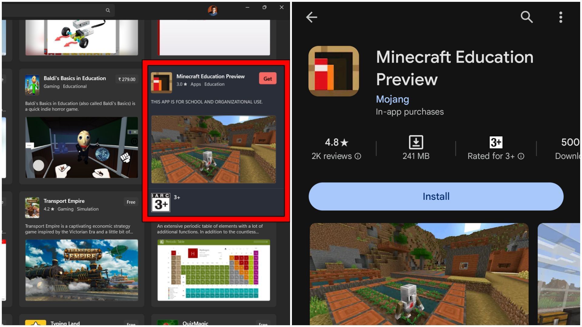 La version Education Preview est disponible sur Windows et Android (Images via Sportskeeda || Microsoft || Google)