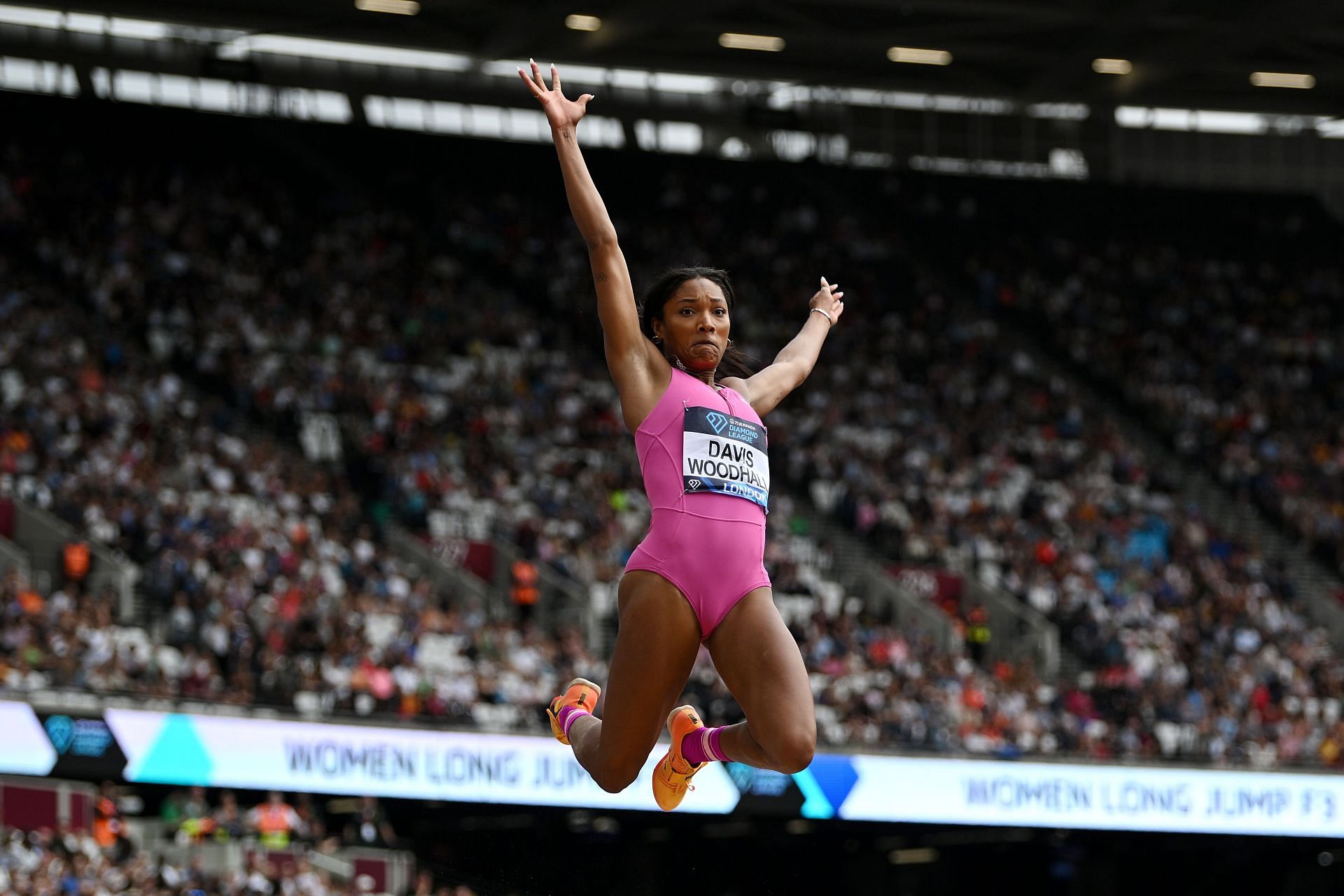 Tara Davis-Woodhall in the women&#039;s Long Jump during the London Diamond League series in 2023. (Photo by Shaun Botterill/Getty Images)
