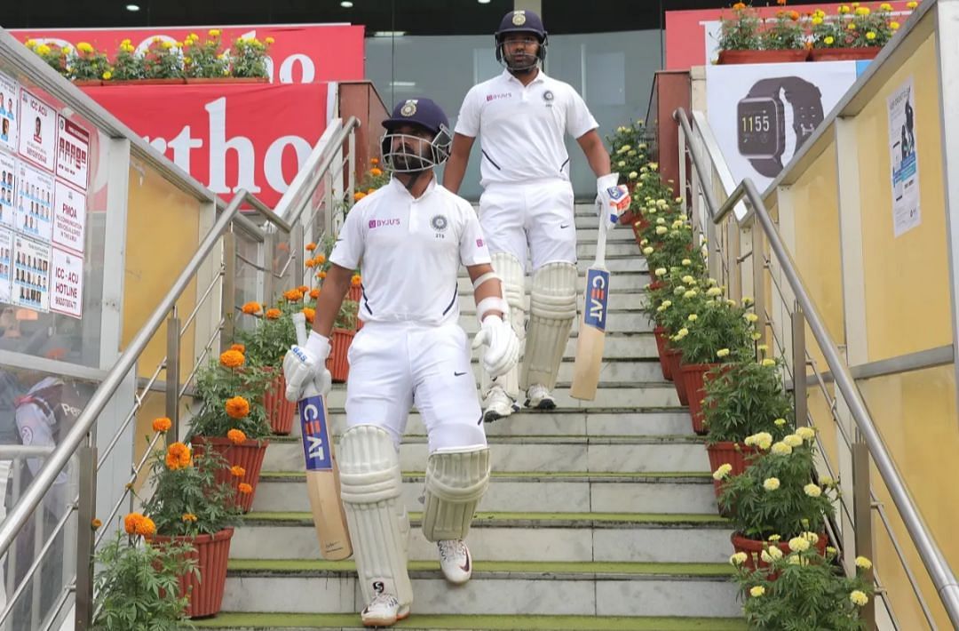 Ajinkya Rahane and Rohit Sharma walk out to bat vs South Africa in 2019