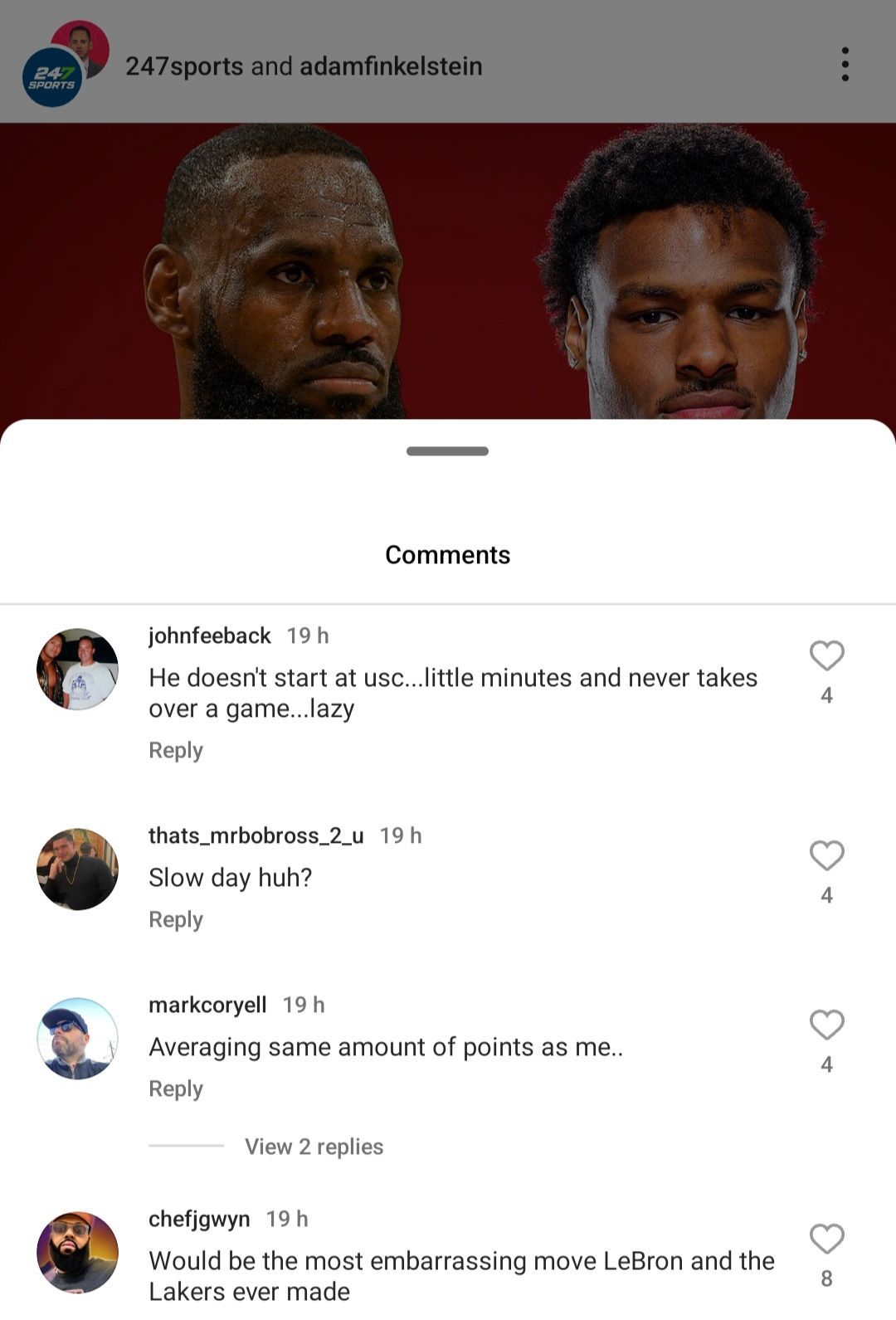 Fans questioning Bronny's projected move to the Lakers on IG