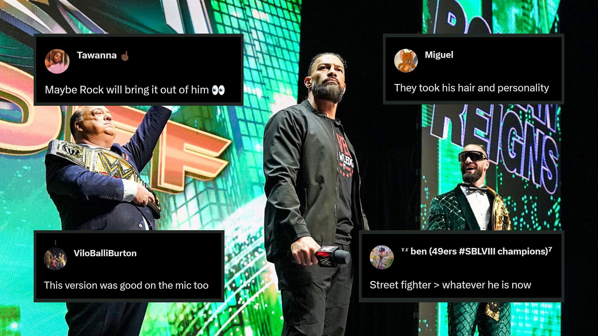 Roman Reigns, Seth Rollins, and Paul Heyman at WrestleMania Kickoff!