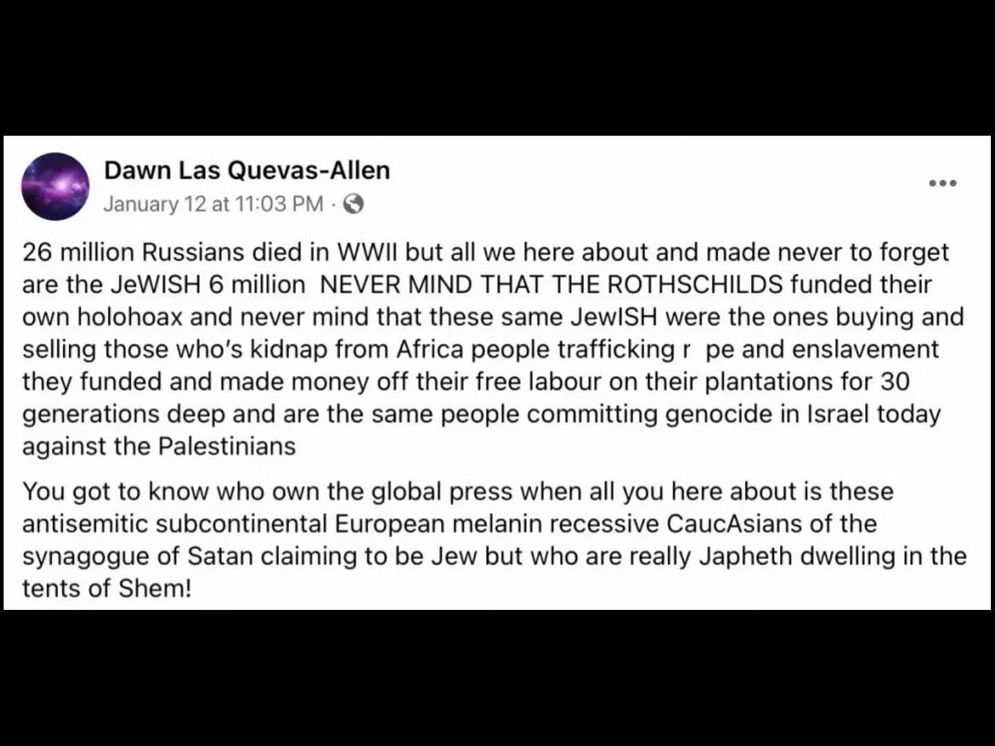 Dawn&#039;s antisemitic post. (Image via Facebook/Dawn Las Quevas-Allen)