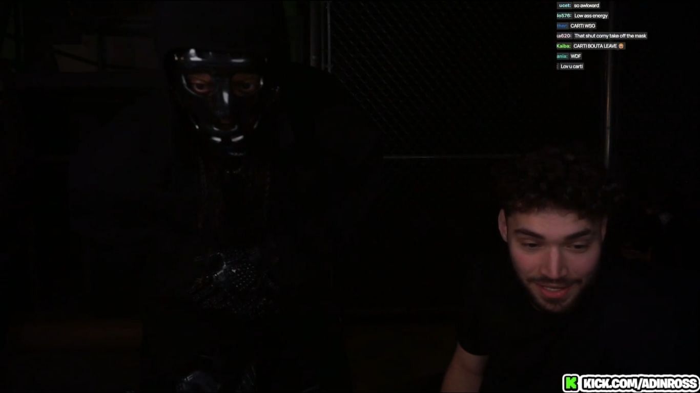 Playboi Carti appears in a mask and leather jacket during Adin&#039;s stream (Image via Kick)