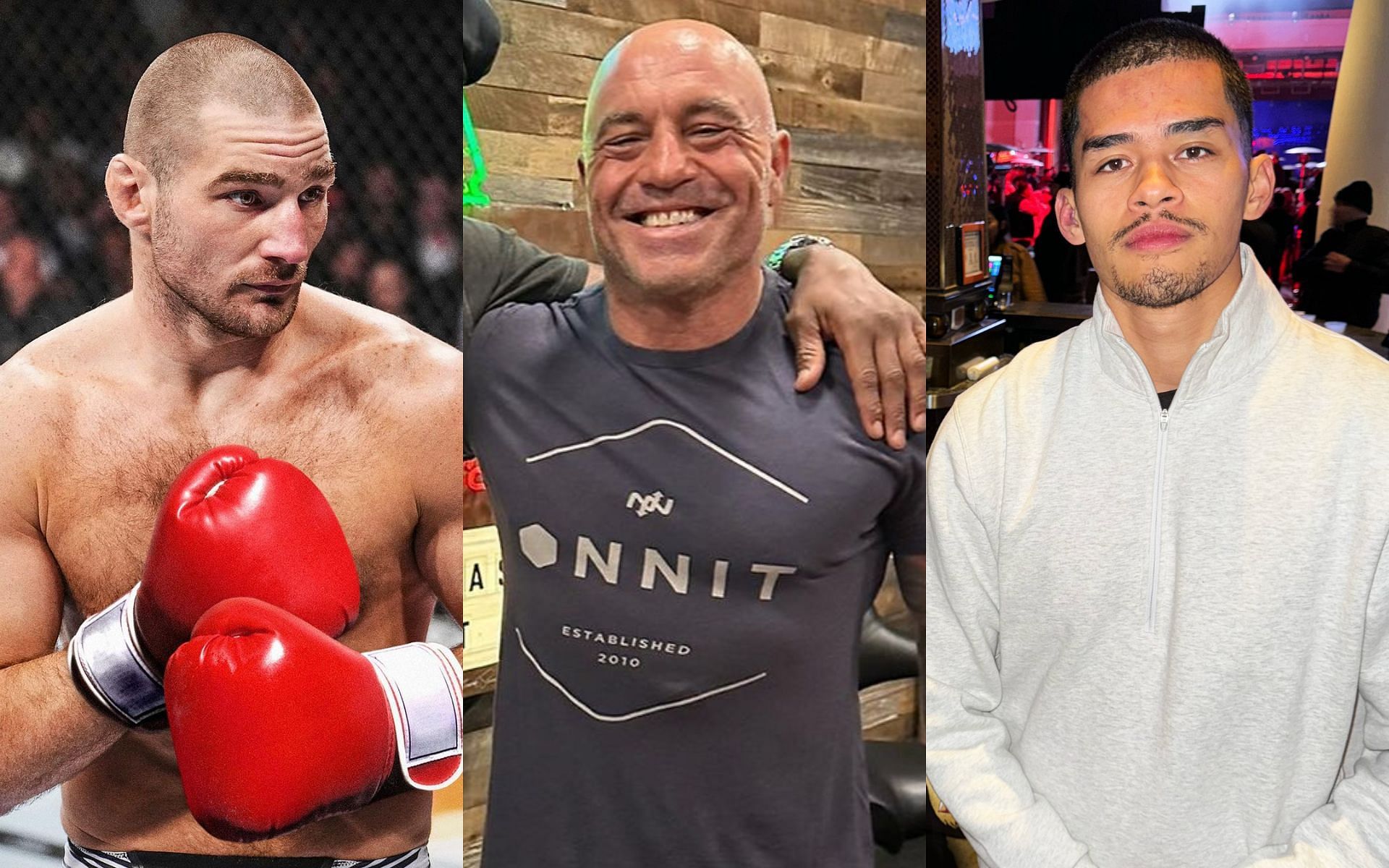 Sean Strickland (left) rages on Joe Rogan (middle) for his criticism on sparring session with Sneako (right) [Images courtesy @stricklandmma and @joerogan on X and @sneako on X]