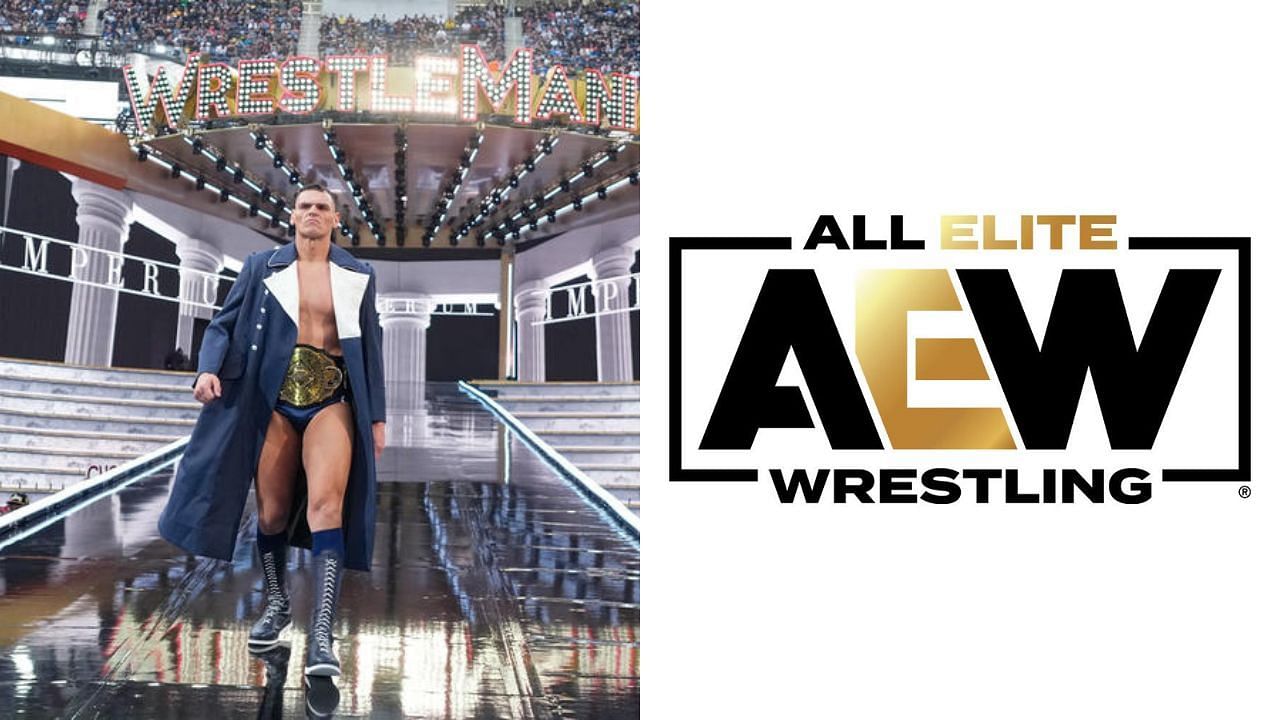 WWE star Gunther (left) and AEW logo (right)