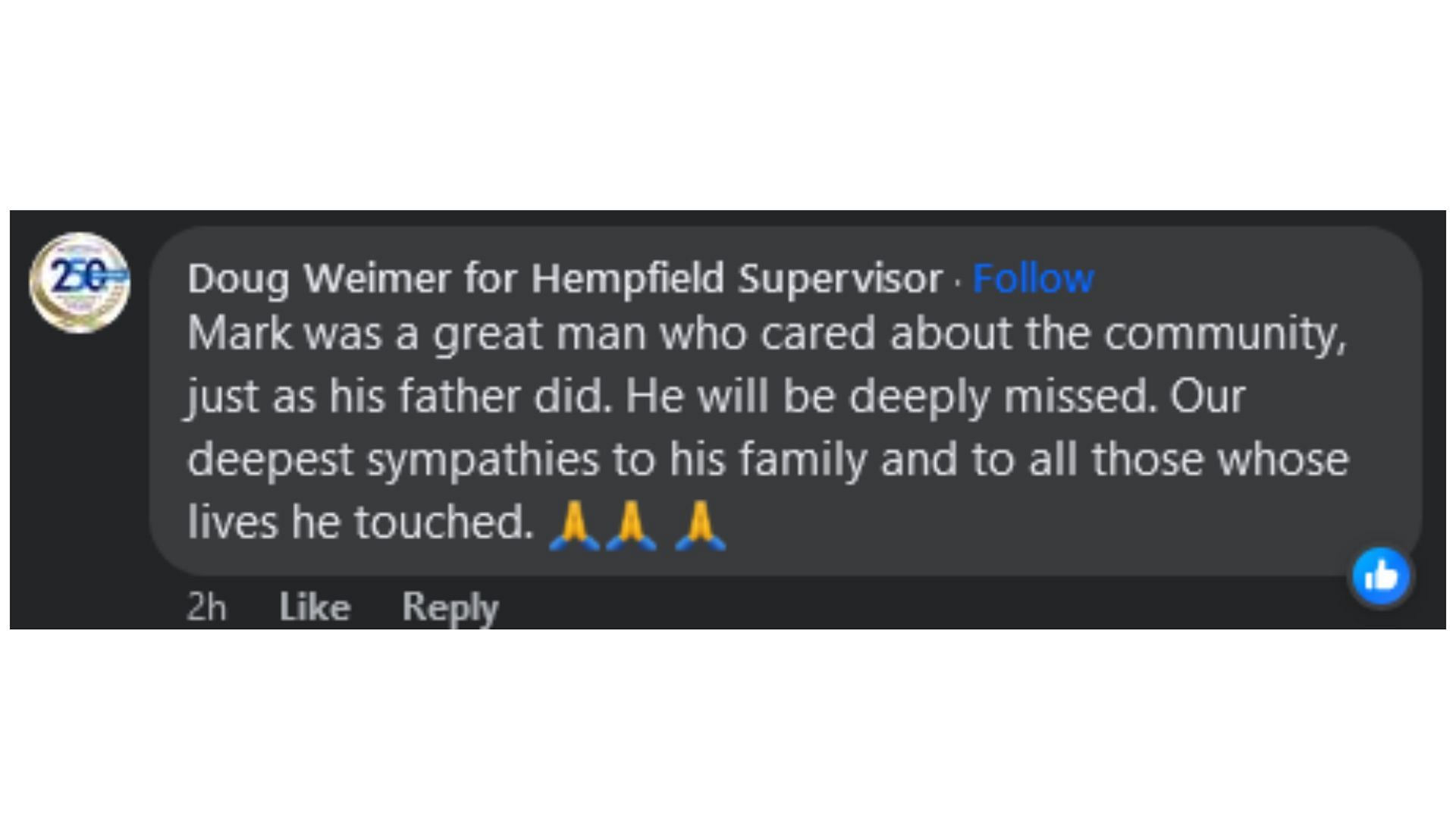Netizens poured tribute as Smail died (Image via Facebook / Doug Weimer for Hempfield Supervisor)