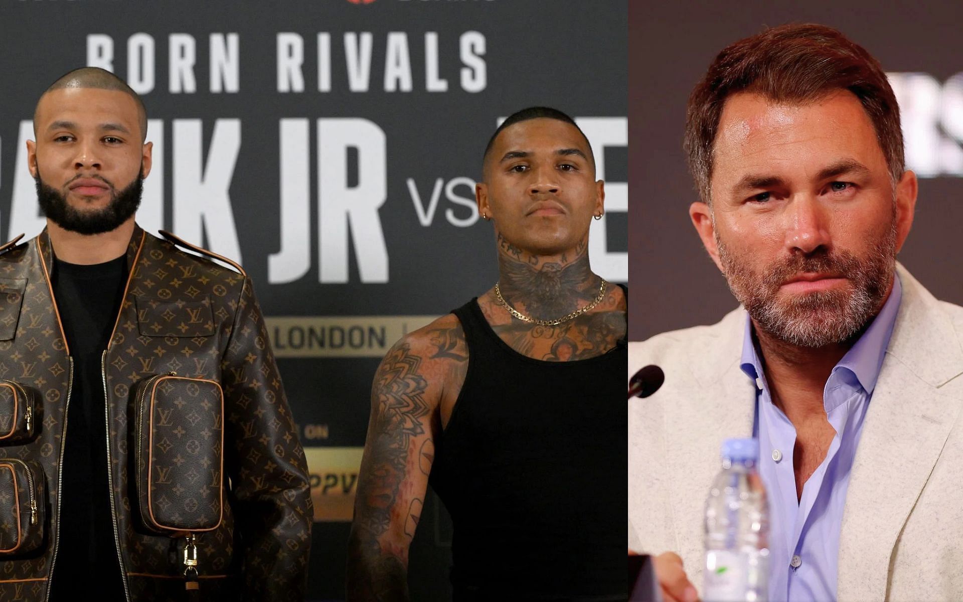 Eddie Hearn (right) questions Chris Eubank Jr. (left) for not wanting to face Conor Benn (middle) [Images Courtesy: @GettyImages]