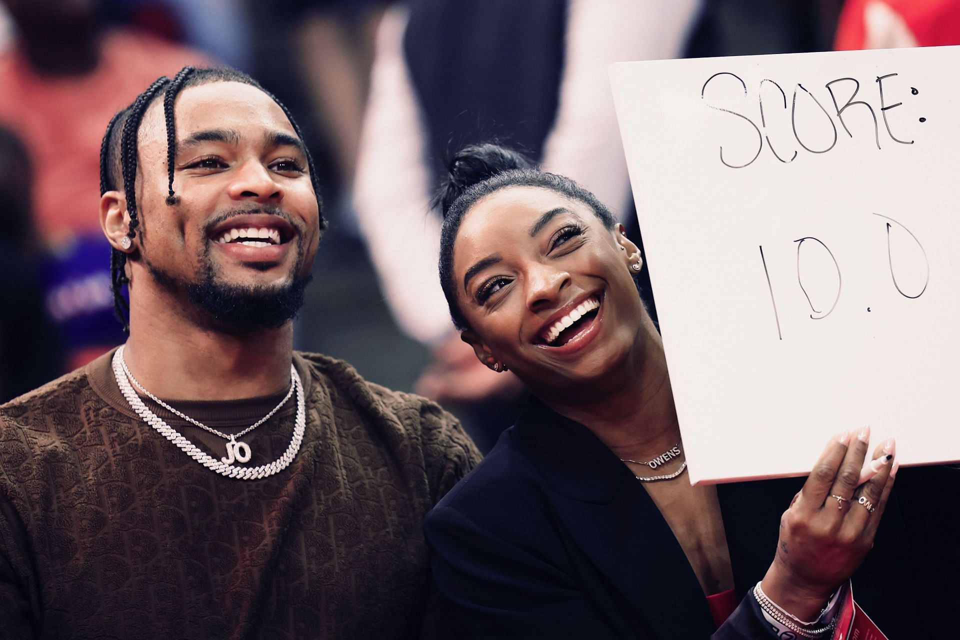 Simone Biles and Jonathan Owens attended a game between the Houston Rockets and the Los Angeles Lakers at Toyota Center on January 29, 2024 in Houston, Texas. (Photo by Carmen Mandato/Getty Images)