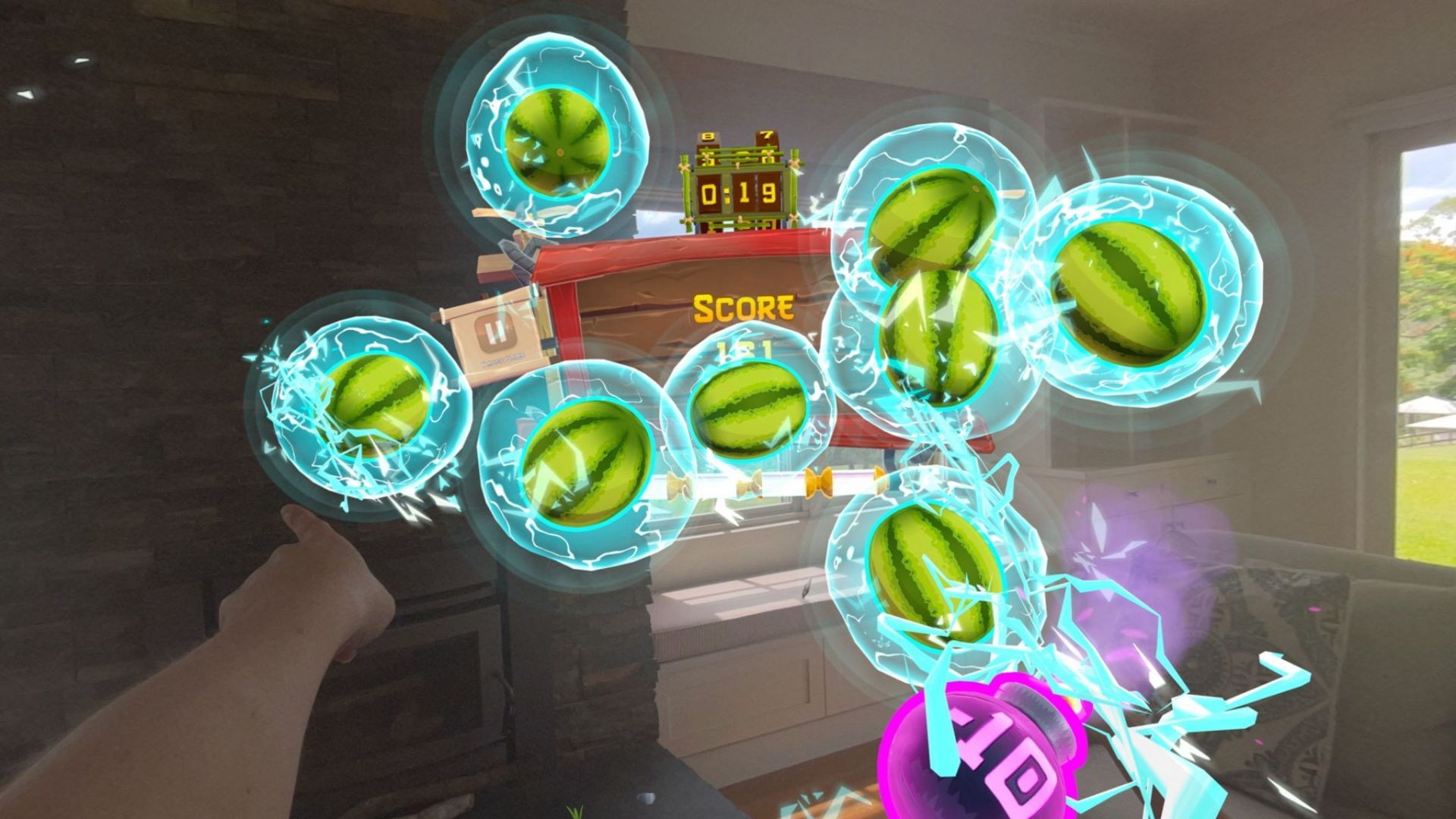 Super Fruit Ninja on the Vision Pro (Image via Apple)