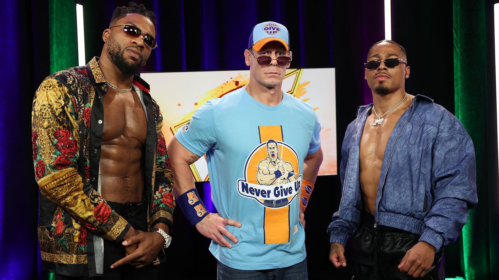 Trick Williams (left), John Cena (middle), and Carmelo Hayes (right)
