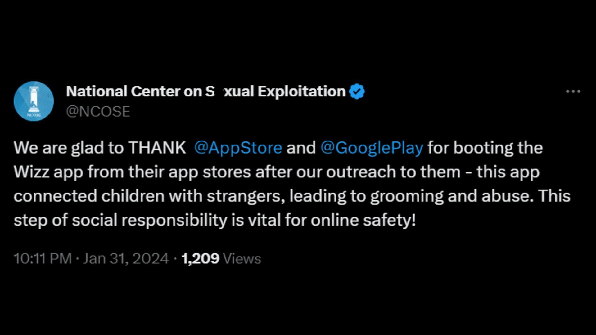 NCOSE thanking Apple and Google for removing the scandalous app. (Image via X/NCOSE)