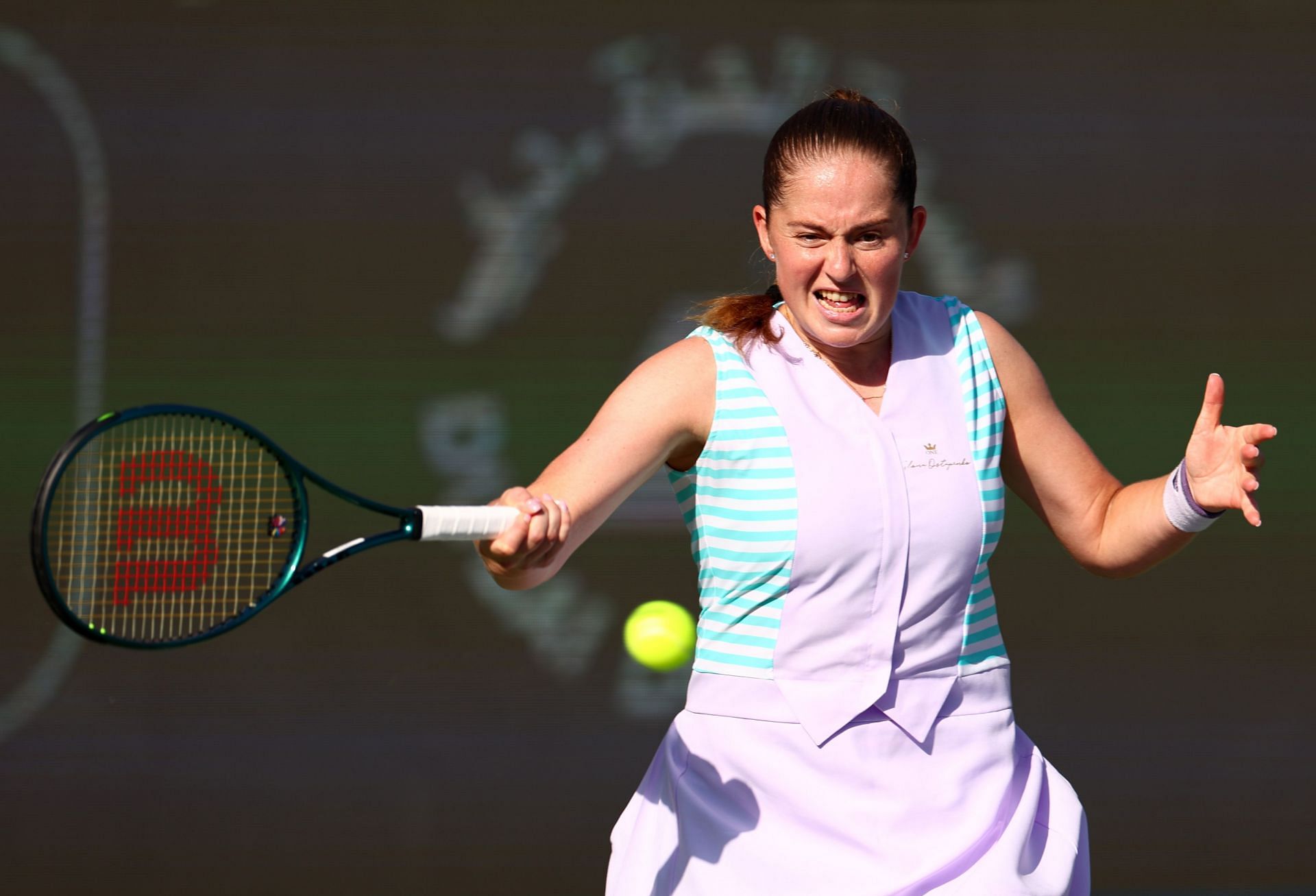 Jelena Ostapenko in action at the 2024 Dubai Duty Tennis Championships