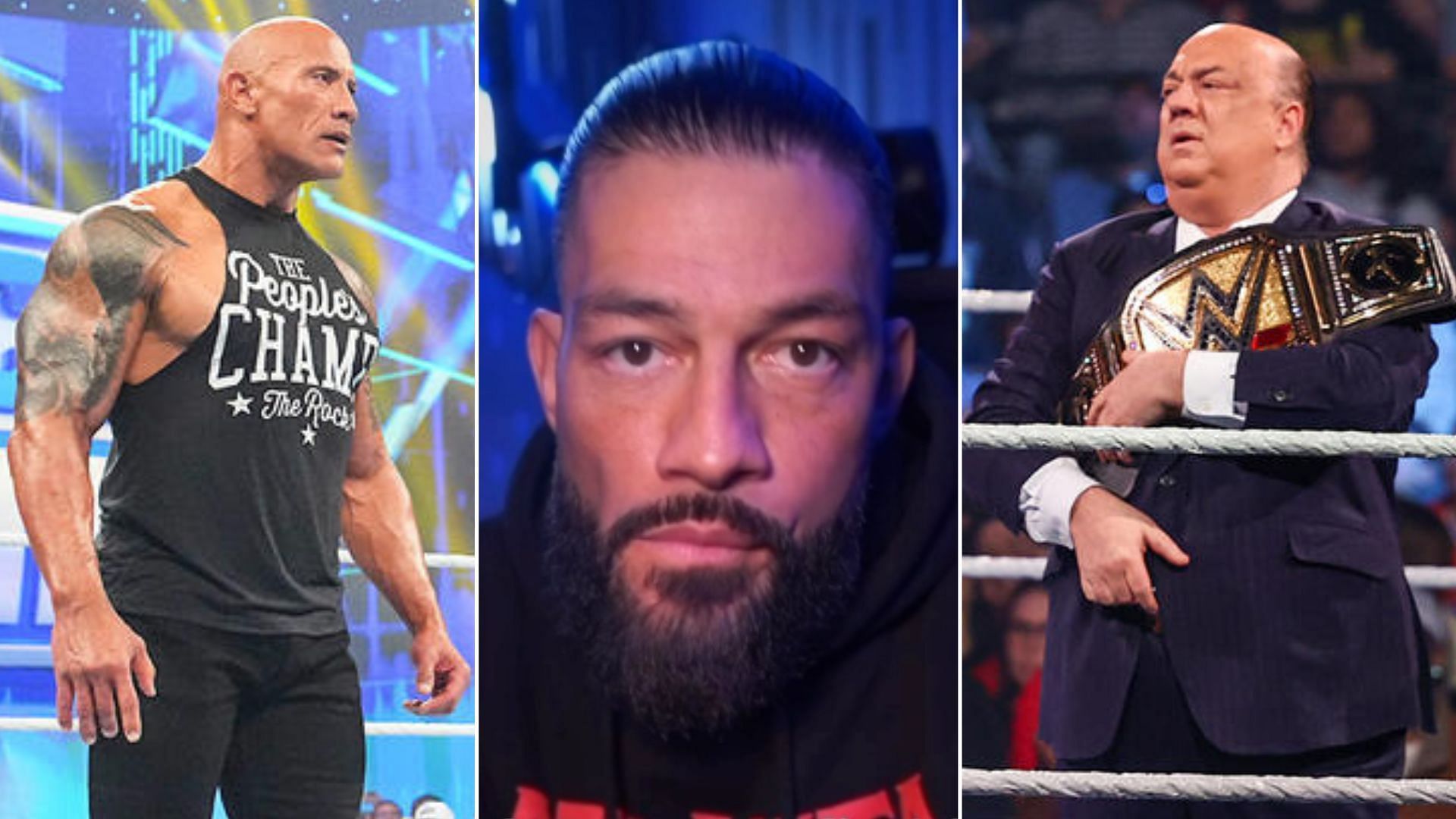 The Rock on the left, Roman Reigns in the middle, Paul Heyman on the right [Image credits: WWE.com and star