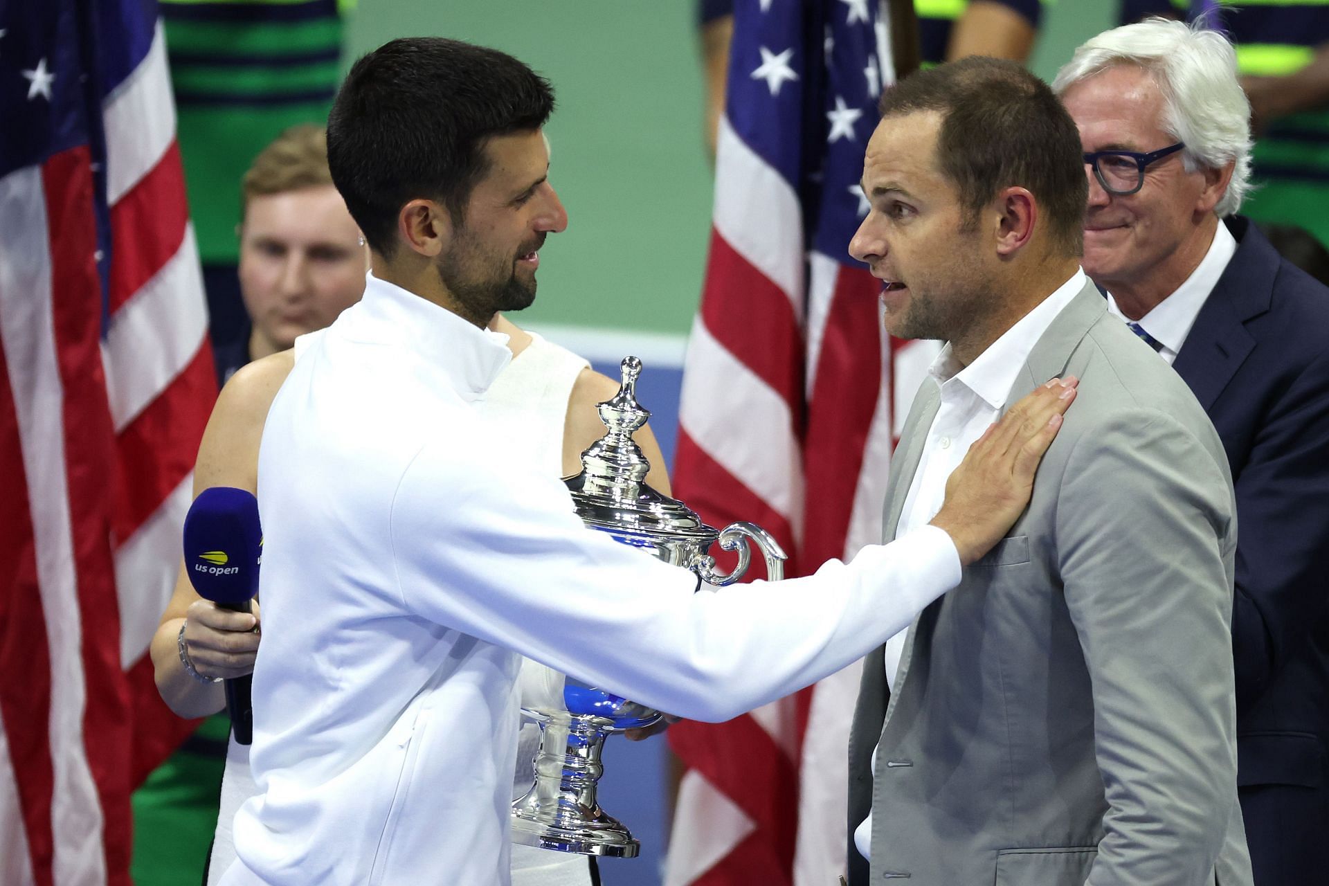 Novak Djokovic (L) and Andy Roddick (R) at the 2024 US Open