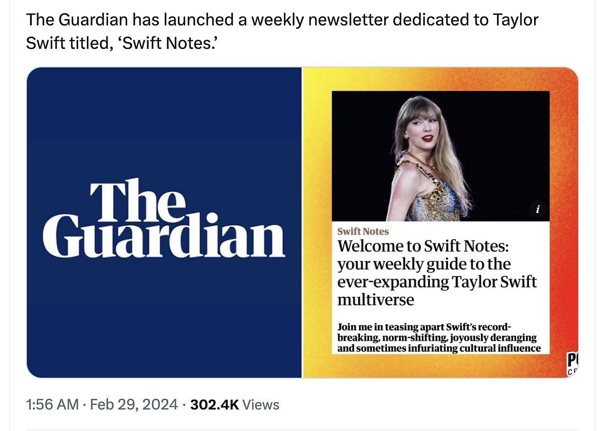 The Guardian starts a weekly Taylor Swift newsletter, Swift Note: Details and social media users&#039; reactions explored. (Image via @PopCrave/ X)