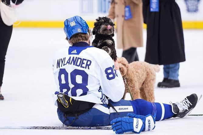 WATCH: William Nylander has a gala time with his dogs at Leafs' outdoor practice