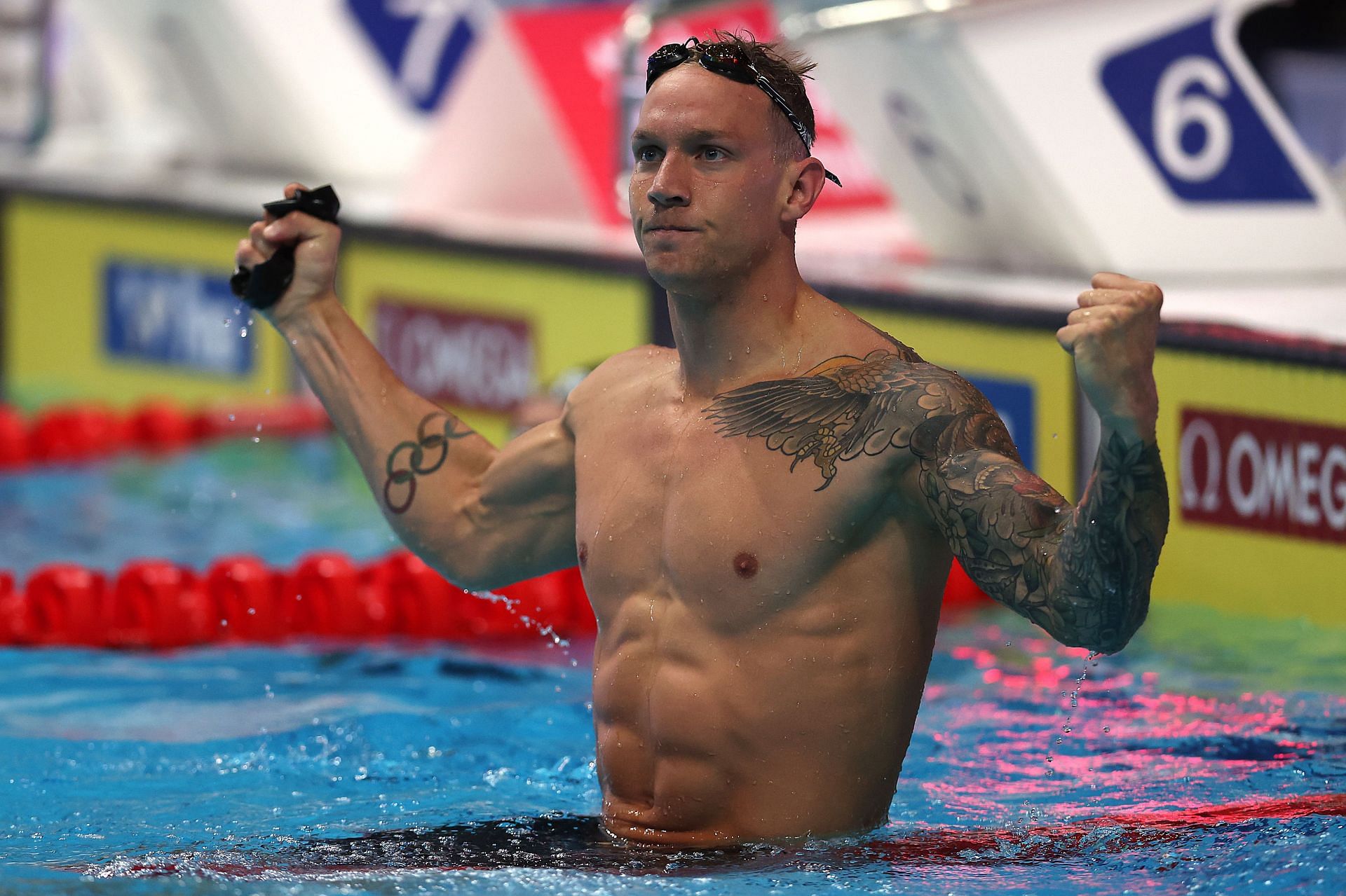 Caeleb Dressel celebrates after winning Gold in the Men&#039;s 50m Butterfly Fina at the Budapest 2022 FINA World Championships. (Photo by Maddie Meyer/Getty Images)