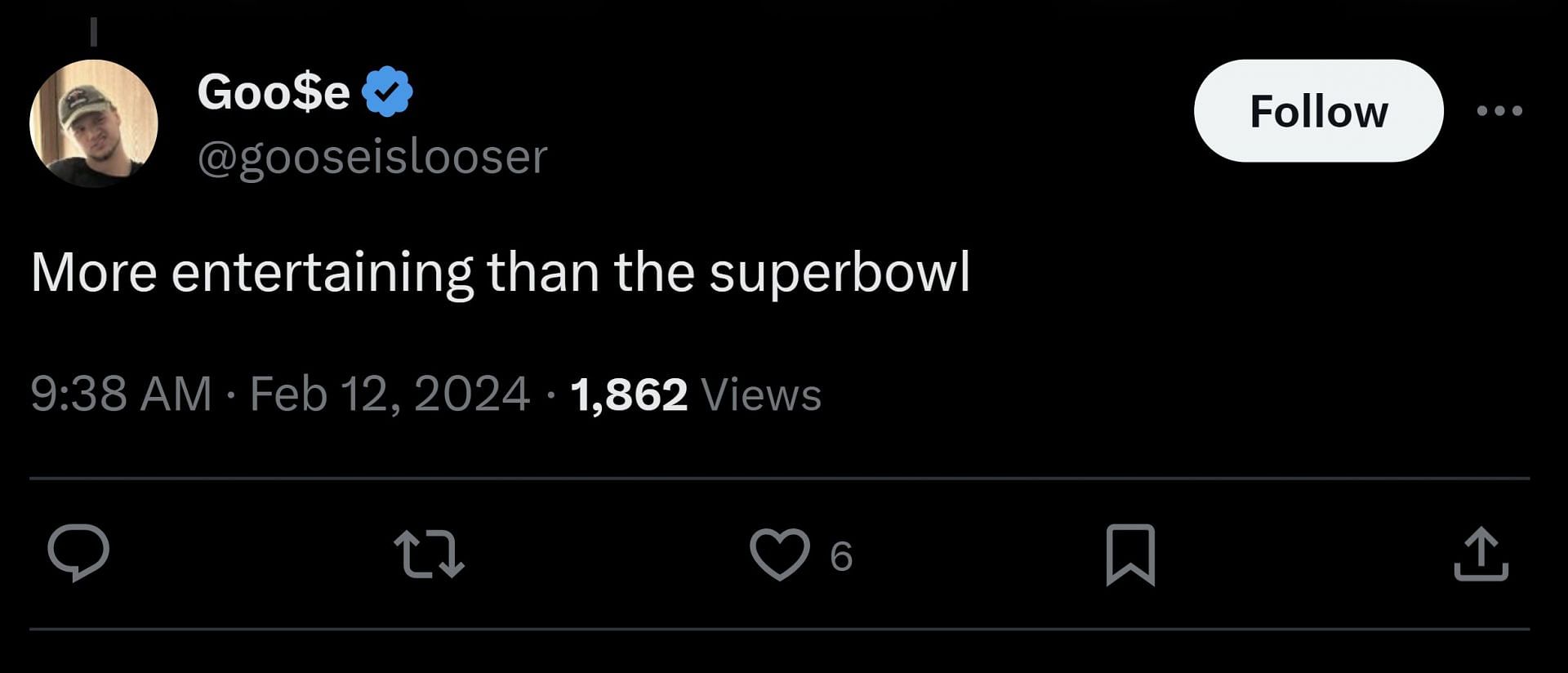 X user @gooseislooser stated that the streamer gambling on Stake was &quot;more entertaining&quot; than Super Bowl LVIII (Image via iqkev/X)