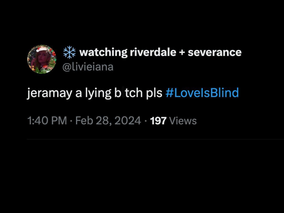 Love Is Blind fans call Jeramay out (Image via X/@livieiana)